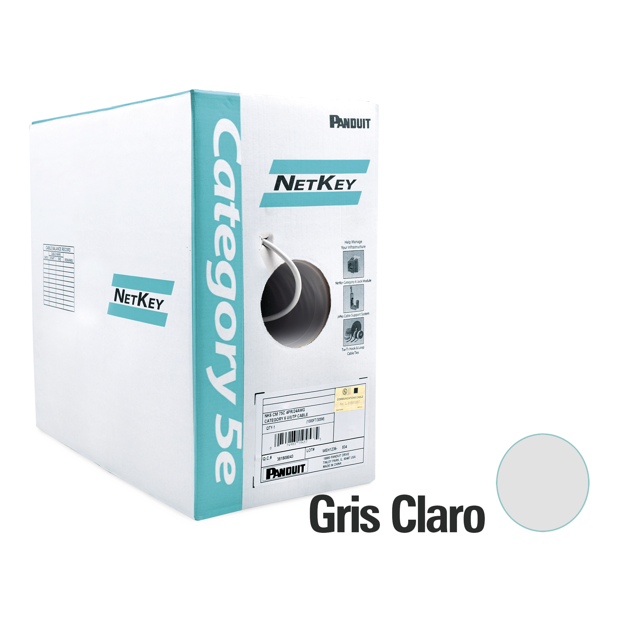 Bobina de Cable UTP 305 m. de Cobre, NetKey, Gris Claro, CategorÃ­a 5e (24 AWG), PVC (CM), de 4 pares