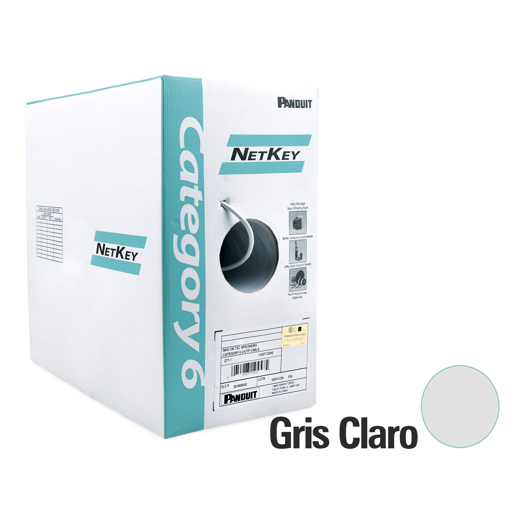 Bobina de Cable UTP 305 m. de Cobre, NetKey, Reelex, Gris, CategorÃ­a 6 (24 AWG), 1000Mbps, PVC (CM), de 4 pares