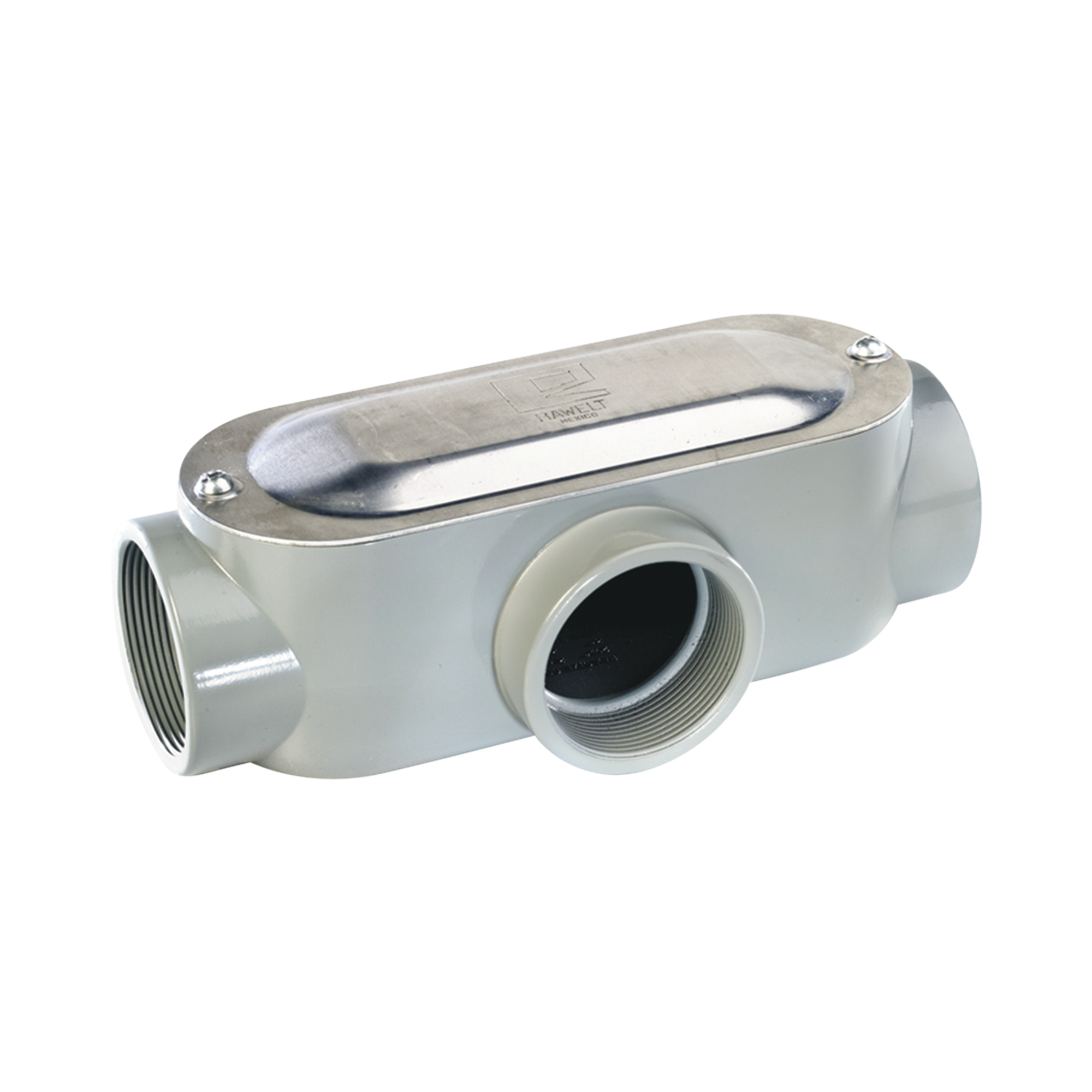 Caja oval roscada tipo T de 3" grande (76.2 mm) incluye tapa y tornillos.