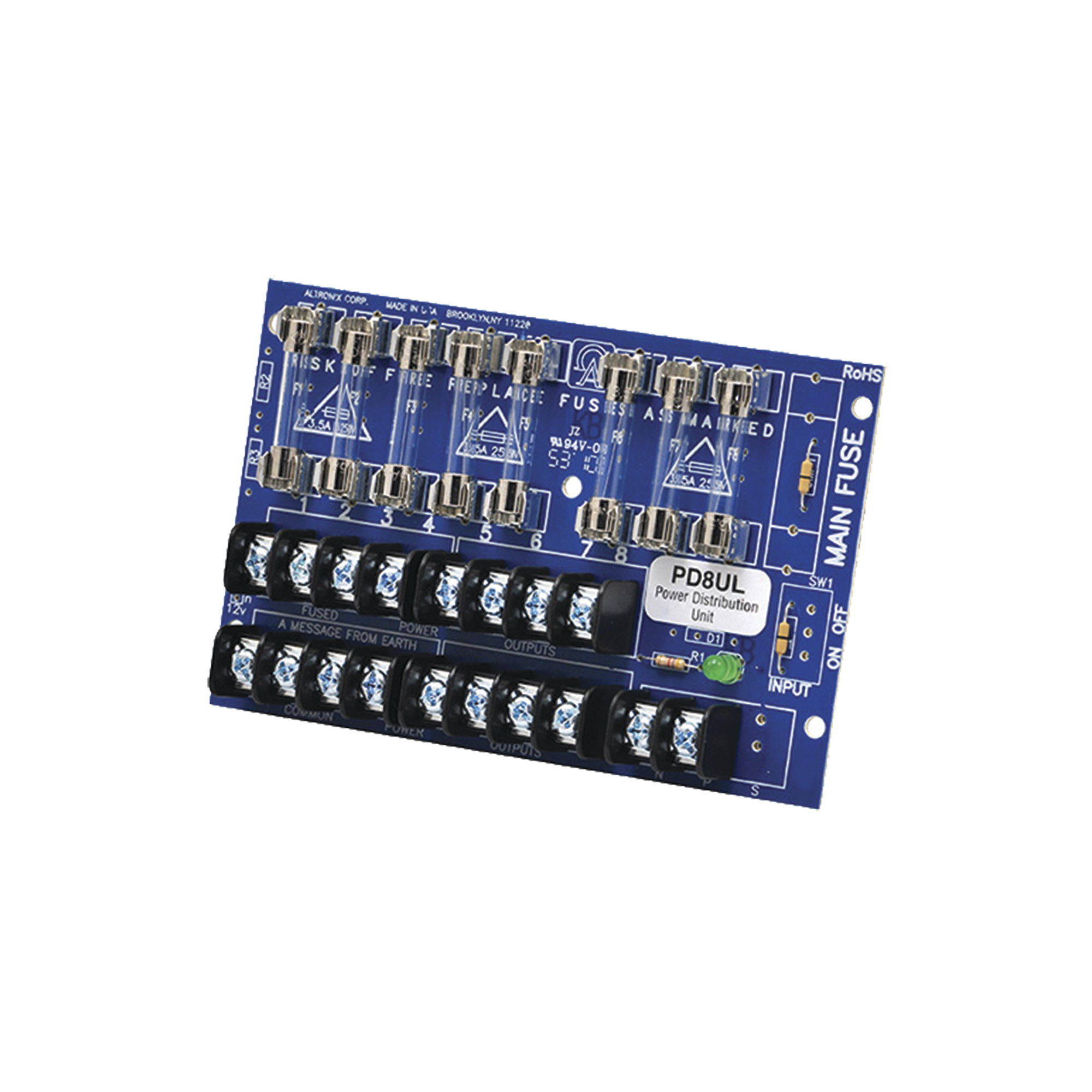 Tablero distribuidor de voltaje, 8 salidas con fusible de protecciÃ³n. Para uso con Fuentes de poder ALTRONIX.
