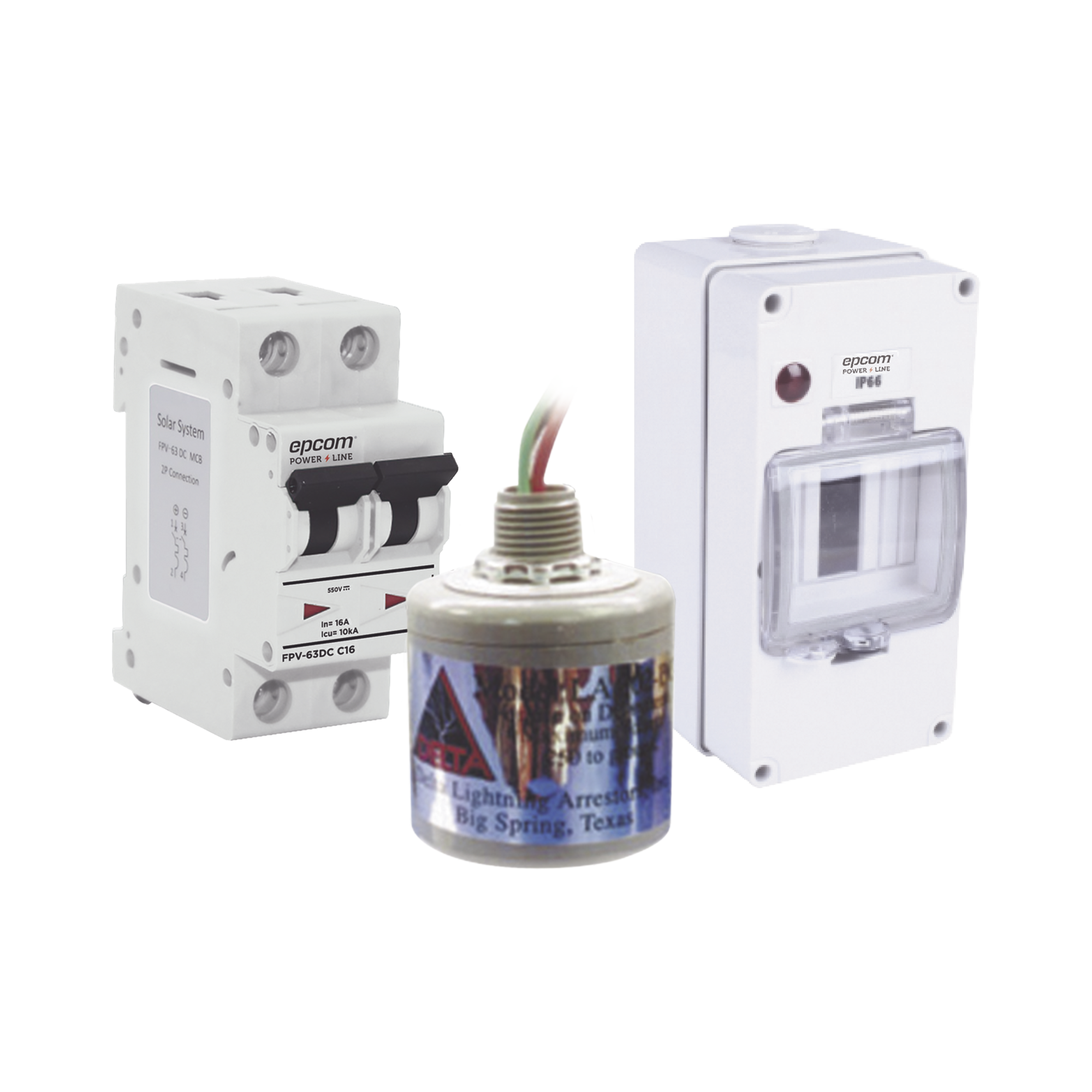 Kit de Centro de Carga Para Corriente Directa, Breaker de hasta  800 Vcc de 16 A con Supresor de Descargas AtmosfÃ©ricas.