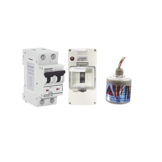 Kit de Centro de Carga Para Corriente Directa, Breaker de hasta 800 Vcc de 40 A con Supresor de Descargas AtmosfÃ©ricas.