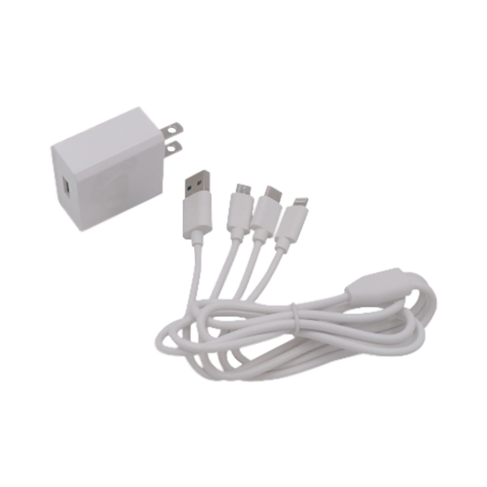 Cargador de pared USB de 5 Vcc 2A / Multi-puertos / USB-C / Micro USB / Tipo C / Lightning (iPhone) / ExtensiÃ³n de cable 1.2 metros