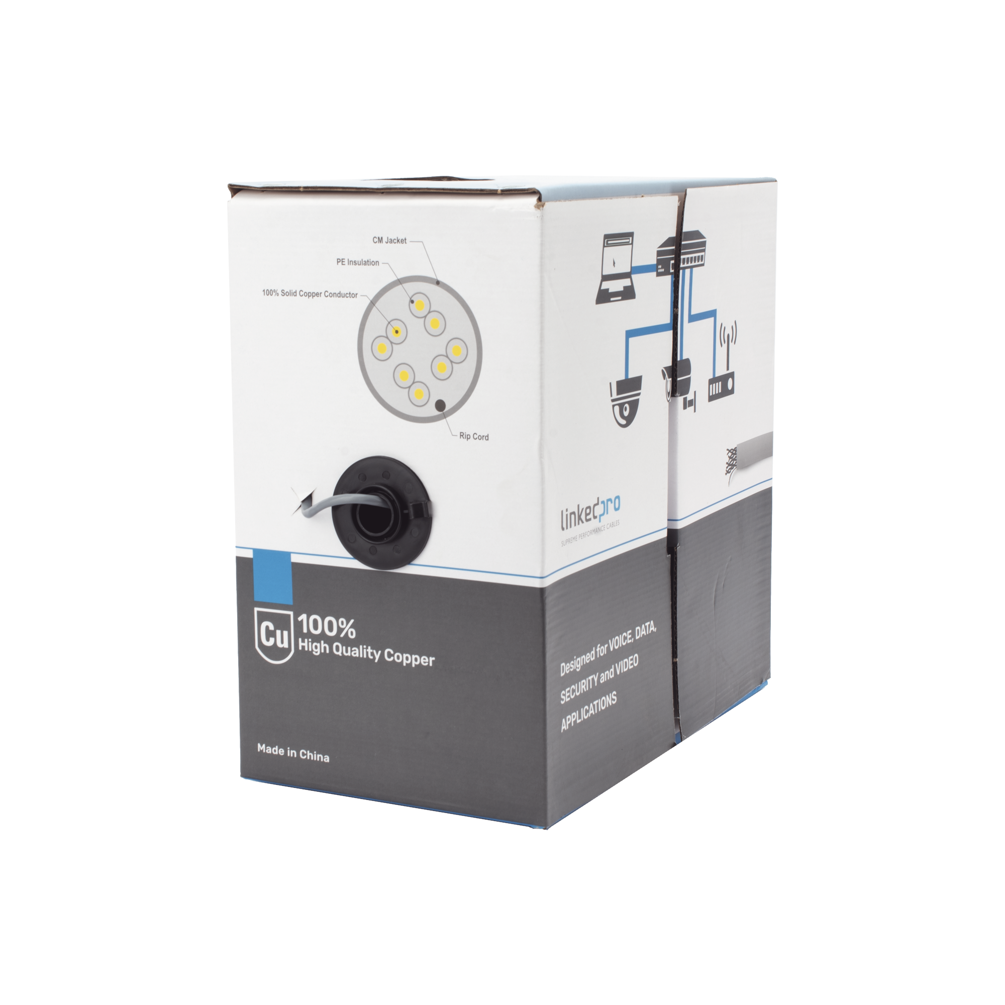 Bobina de cable de 305 m, ( 1000 ft ), Cat5e, alto desempeÃ±o, de color Gris, UL, para aplicaciones en video vigilancia, redes de datos. Uso Interior