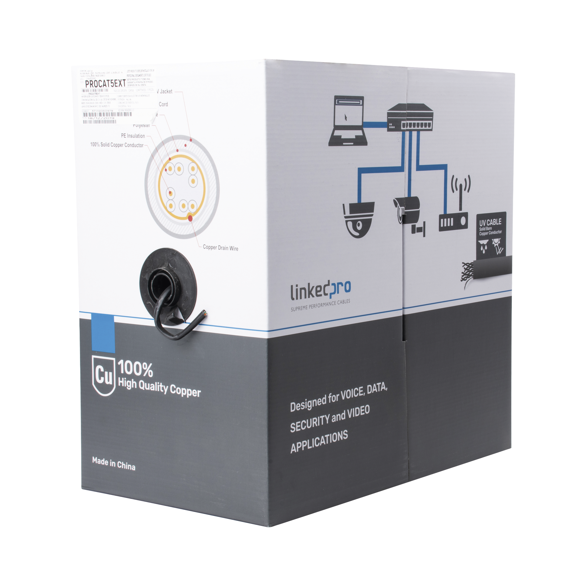 Bobina de cable de 305 m, Cat5e , FTP, blindado, color negro, UL, para aplicaciones en video vigilancia, redes de datos. Uso en Intemperie