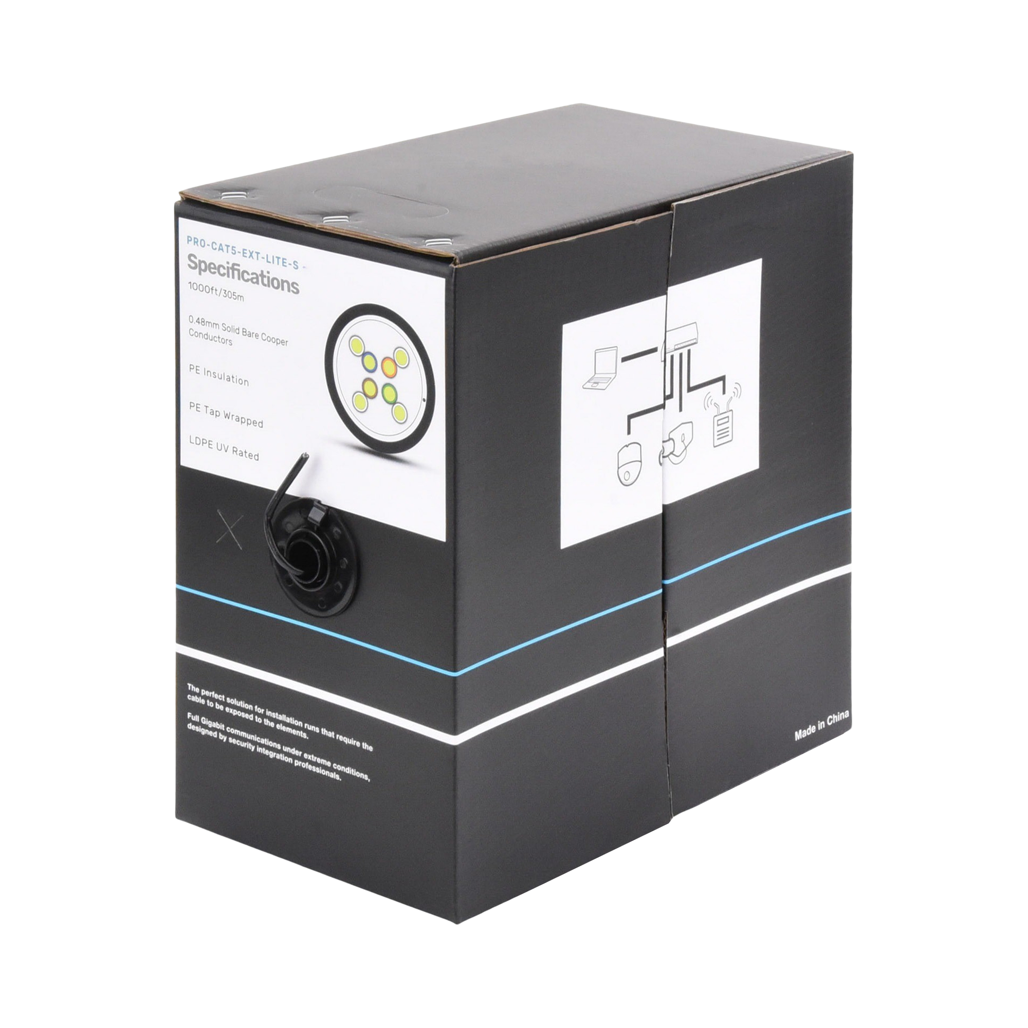 Bobina de cable de 305 m, Cat5e, color negro, sin blindar, para aplicaciones de videovigilancia, redes de datos. Uso en intemperie