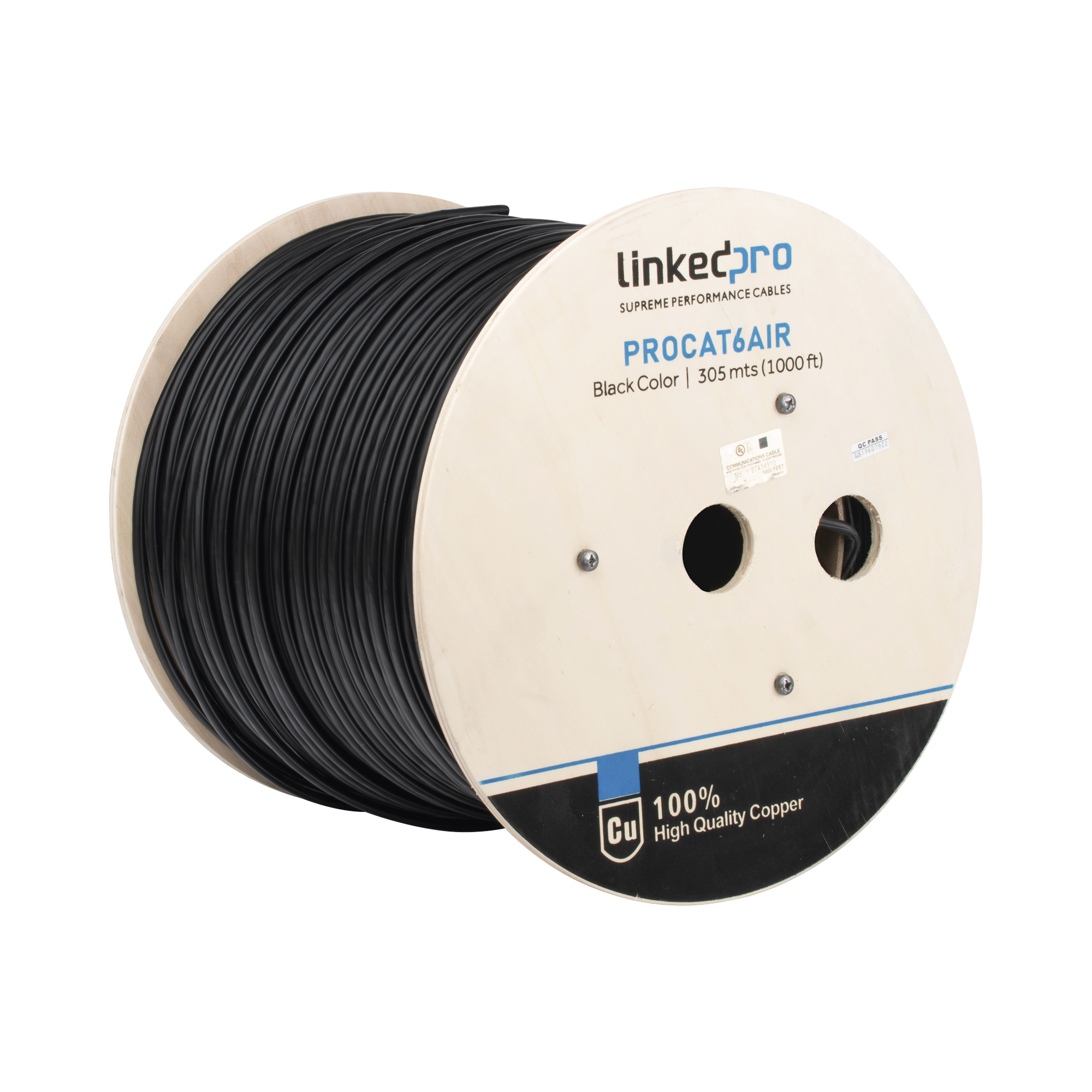 Bobina de cable FTP con Mensajero de Acero de 305 m Cat6+ CALIBRE 23, color negro, para aplicaciones en video vigilancia y redes de datos / Uso en Intemperie y aplicaciones AÃ©reas