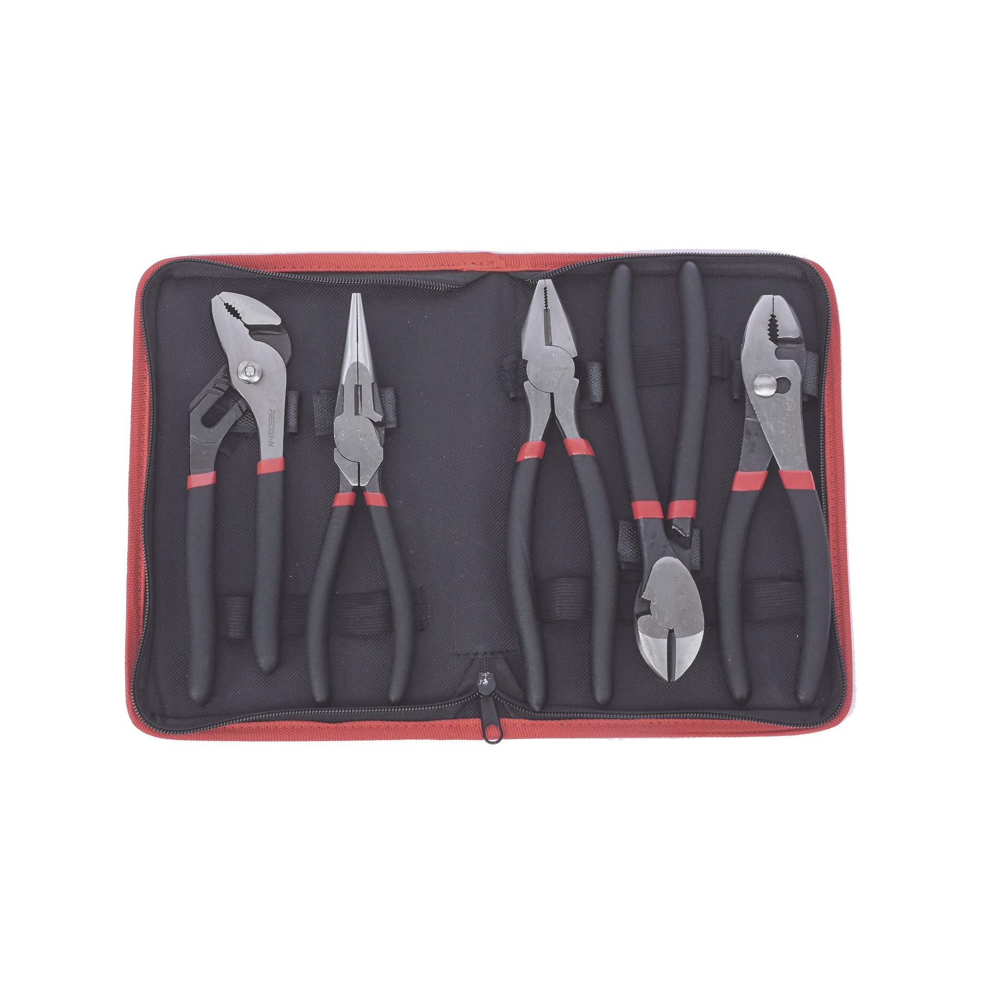 Juego de 5 Pinzas de 8" con Estuche. Incluye: P. MecÃ¡nica, P. para Tubo, P. ElÃ©ctrica, P. Corte, Nariz Larga.