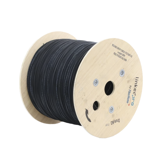 Carrete de 2 km de Fibra Ãptica AÃ©rea Tipo Drop Redonda (Figura 0) G.657A2, Monomodo, 1 hilo, forro de 3 mm