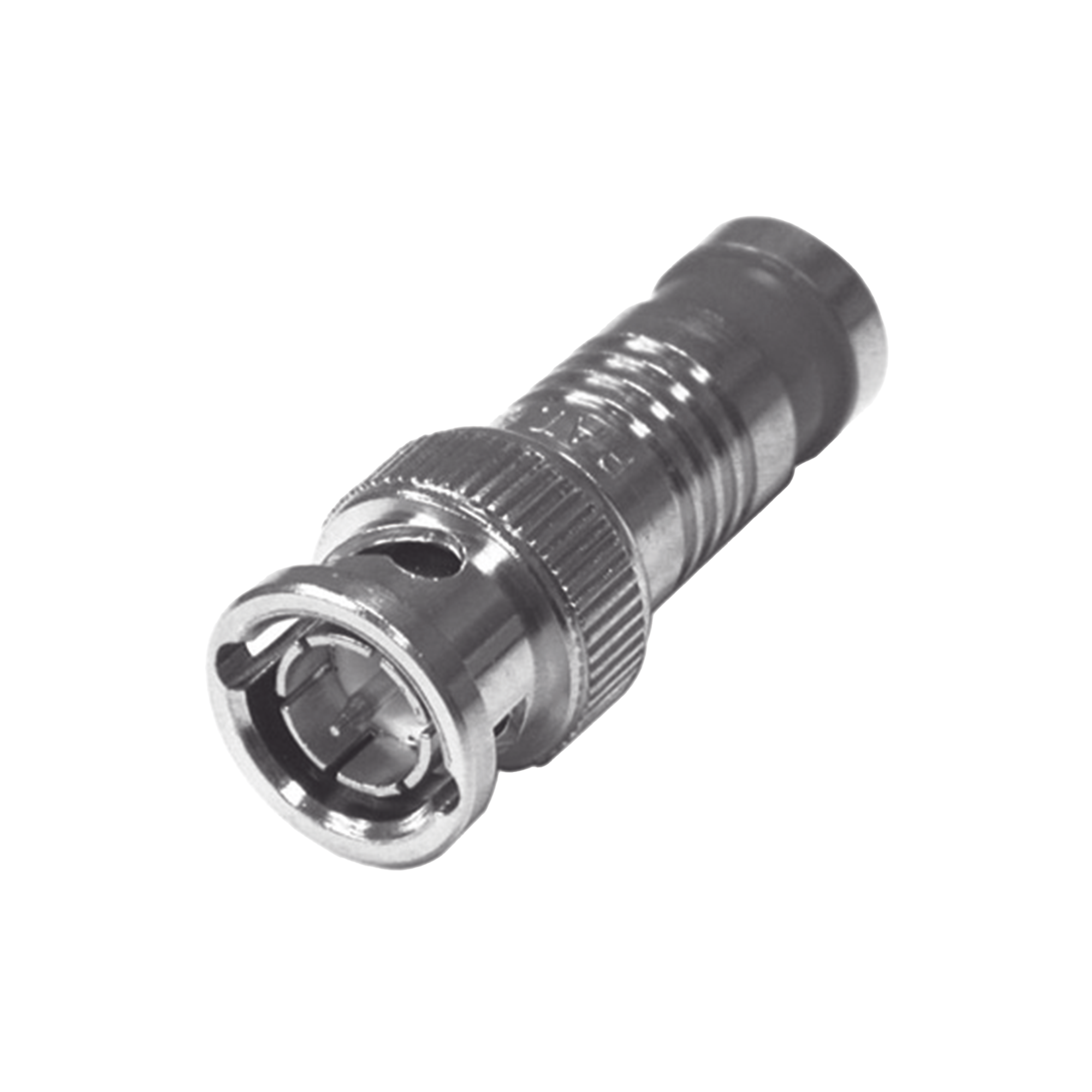 Conector BNC Macho de 75 Ohm, Montaje de CompresiÃ³n Axial para RG-59/U, NÃ­quel/ Oro/ TeflÃ³n.