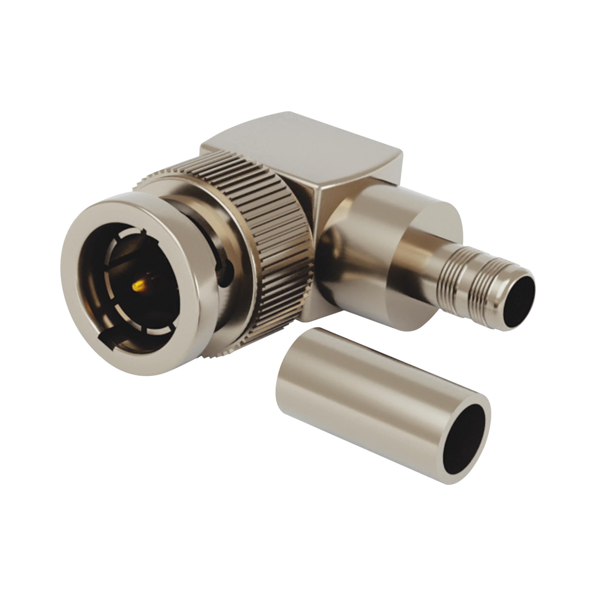 Conector BNC Macho en Ãngulo Recto para 75 Ohm, Anillo Plegable para COMMSCOPE 735 Ã³ Grupo K, NÃ­quel/ Oro/ TeflÃ³n.