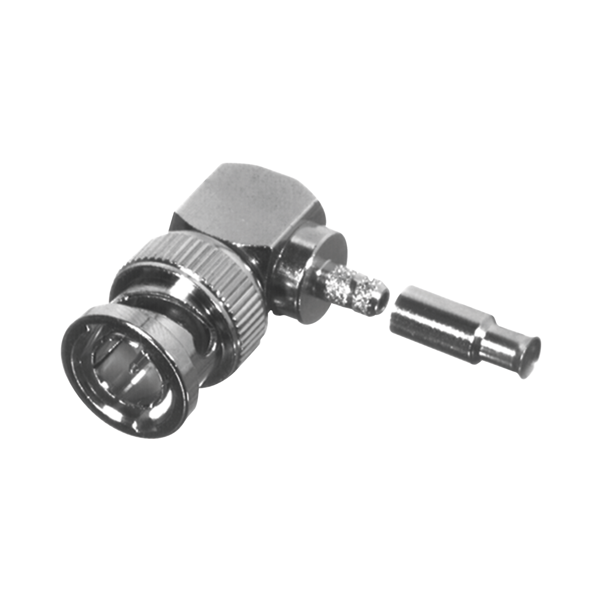 Conector BNC Macho en Ãngulo Recto para 75 Ohm, Anillo Plegable para Cable RG-179/U, Grupo S, NÃ­quel/ Oro/ Delrin.
