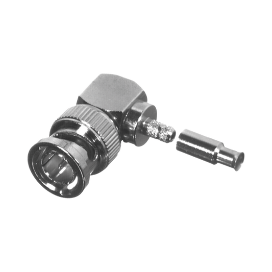 Conector BNC Macho en Ãngulo Recto para 75 Ohm, Anillo Plegable para Cable RG-179/U, Grupo S, NÃ­quel/ Oro/ Delrin.