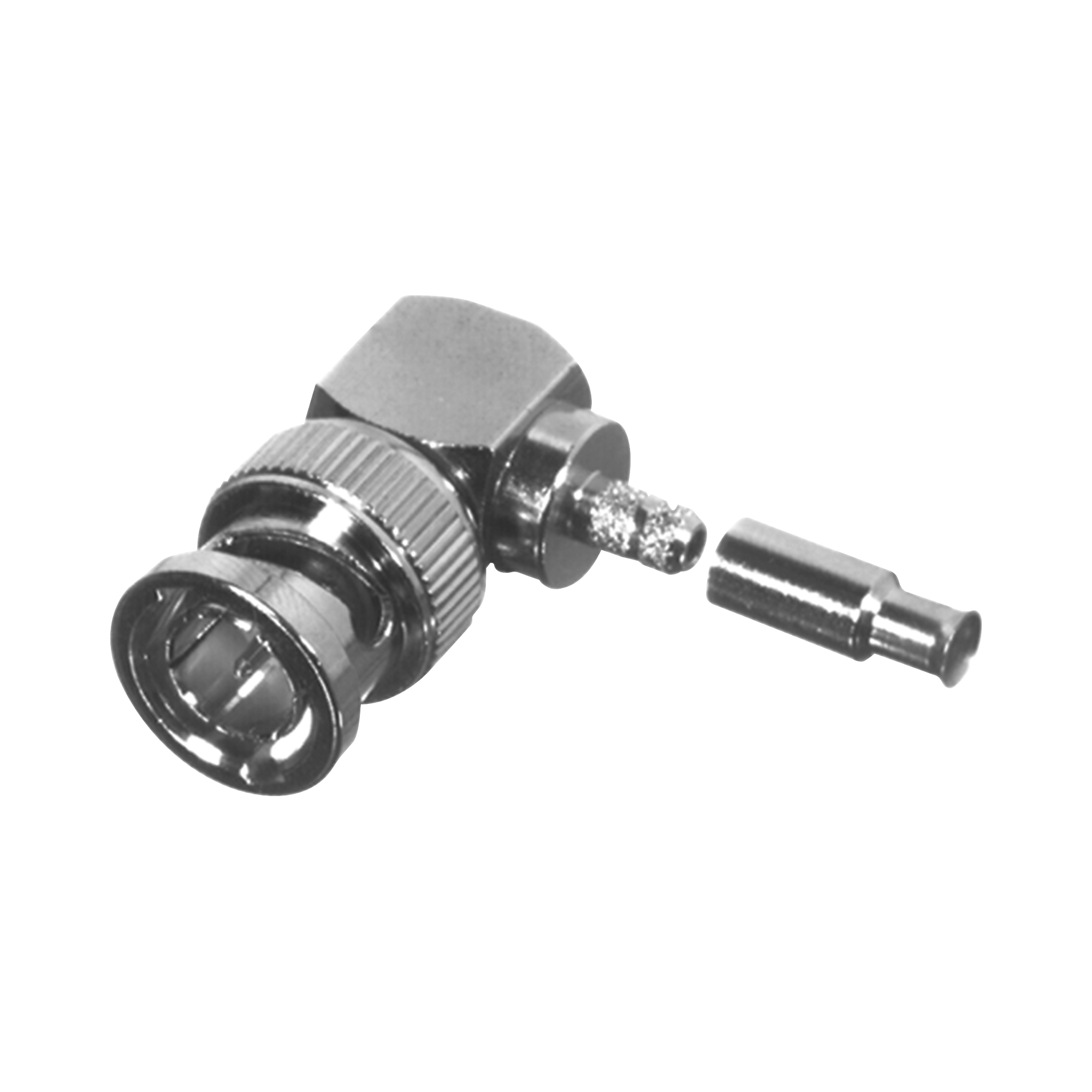Conector BNC Macho en Ãngulo Recto para 75 Ohm, Anillo Plegable para Cable RG-179/U, Grupo S1, NÃ­quel/ Oro/ TeflÃ³n.