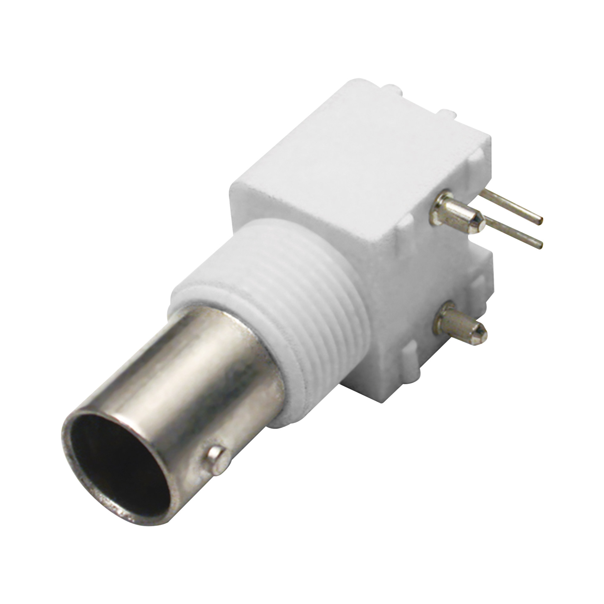 Conector BNC Hembra en Ãngulo Recto para PCB, Postes y Patas, Cuerpo TermoplÃ¡stico Blanco, NÃ­quel/ Oro/ Polipropileno.