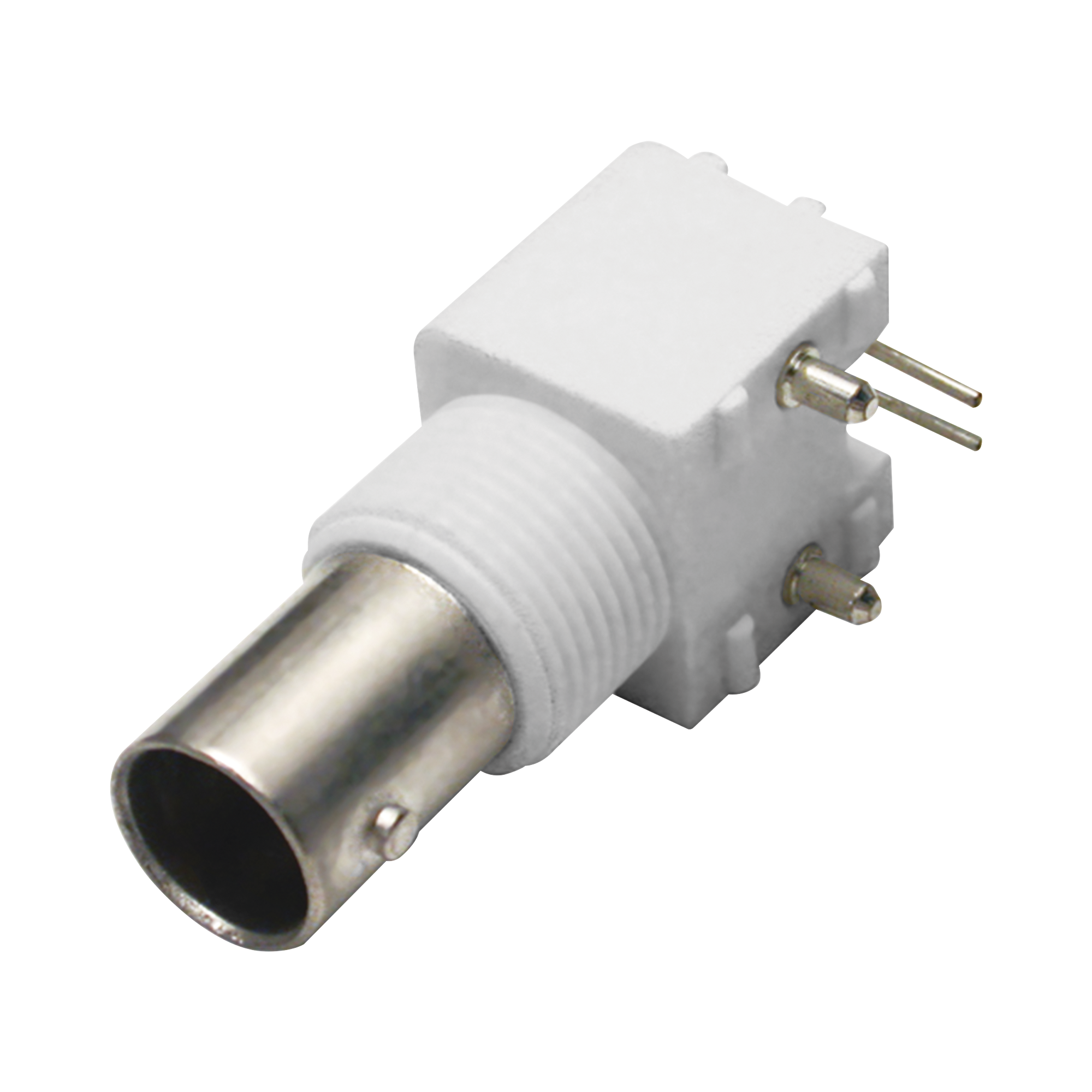 Conector BNC Hembra en Ãngulo Recto para PCB, Postes y Patas, Cuerpo TermoplÃ¡stico Blanco, NÃ­quel/ Oro/ Polipropileno.