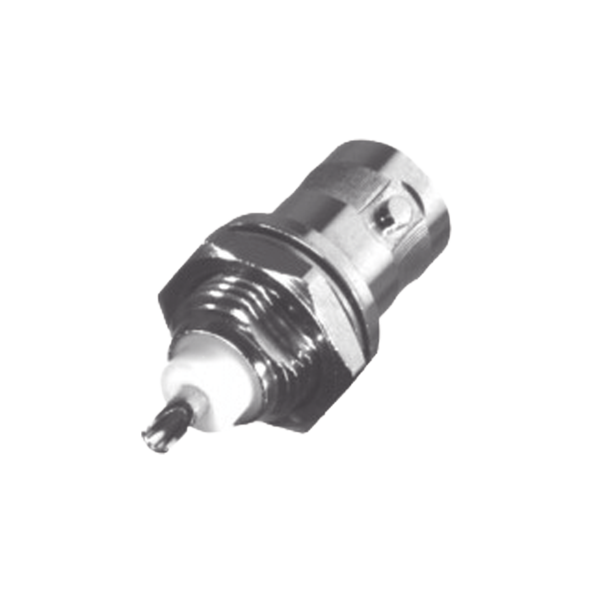 Conector BNC Hembra para Chasis, Montaje Frontal, Soldable, D-Plano, Troquelado, Niquel/ Oro/ Delrin.