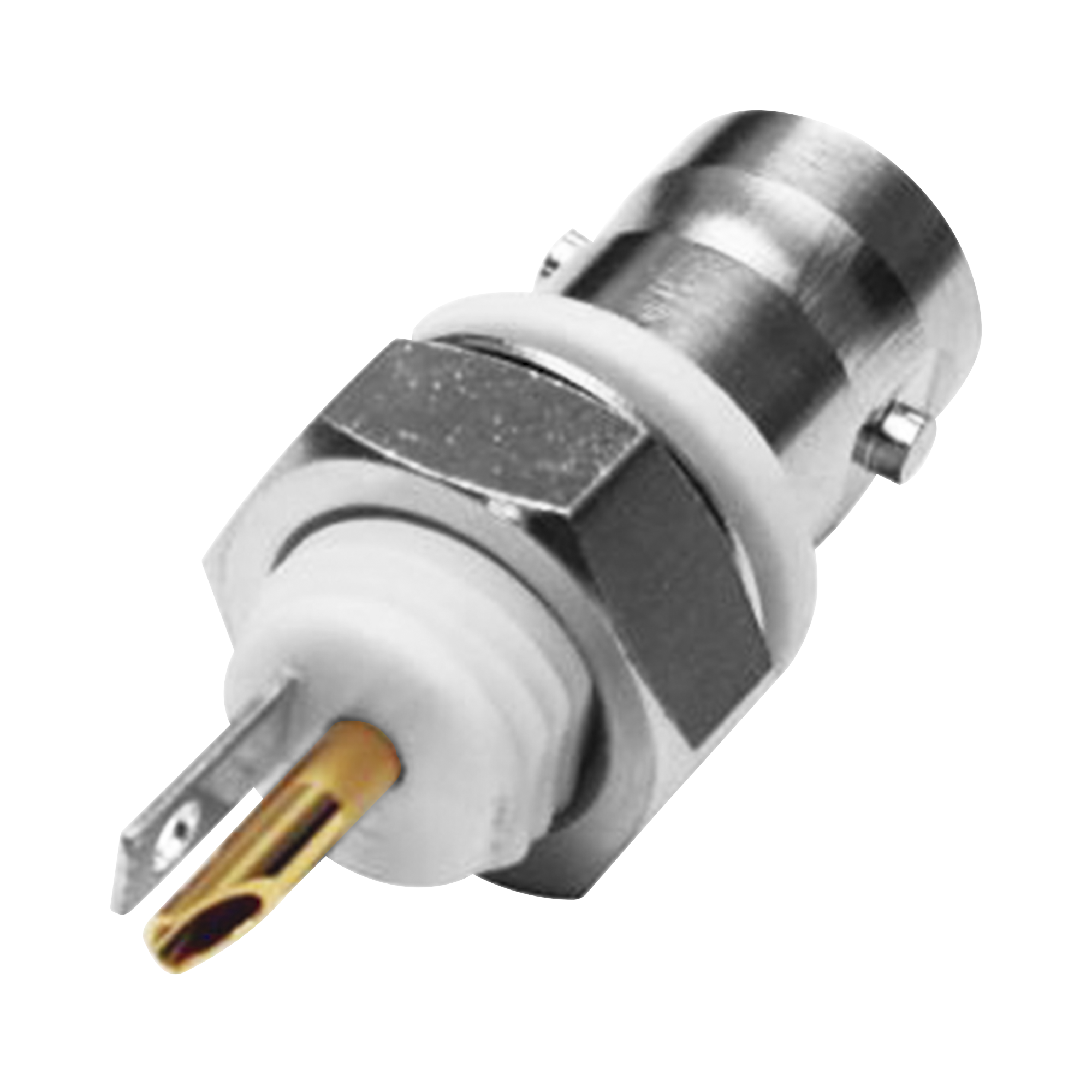 Conector BNC Hembra Aislado para Montaje en Panel Frontal en D-Plano, Soldable para Grupo I, NÃ­quel/ Oro/ TeflÃ³n.