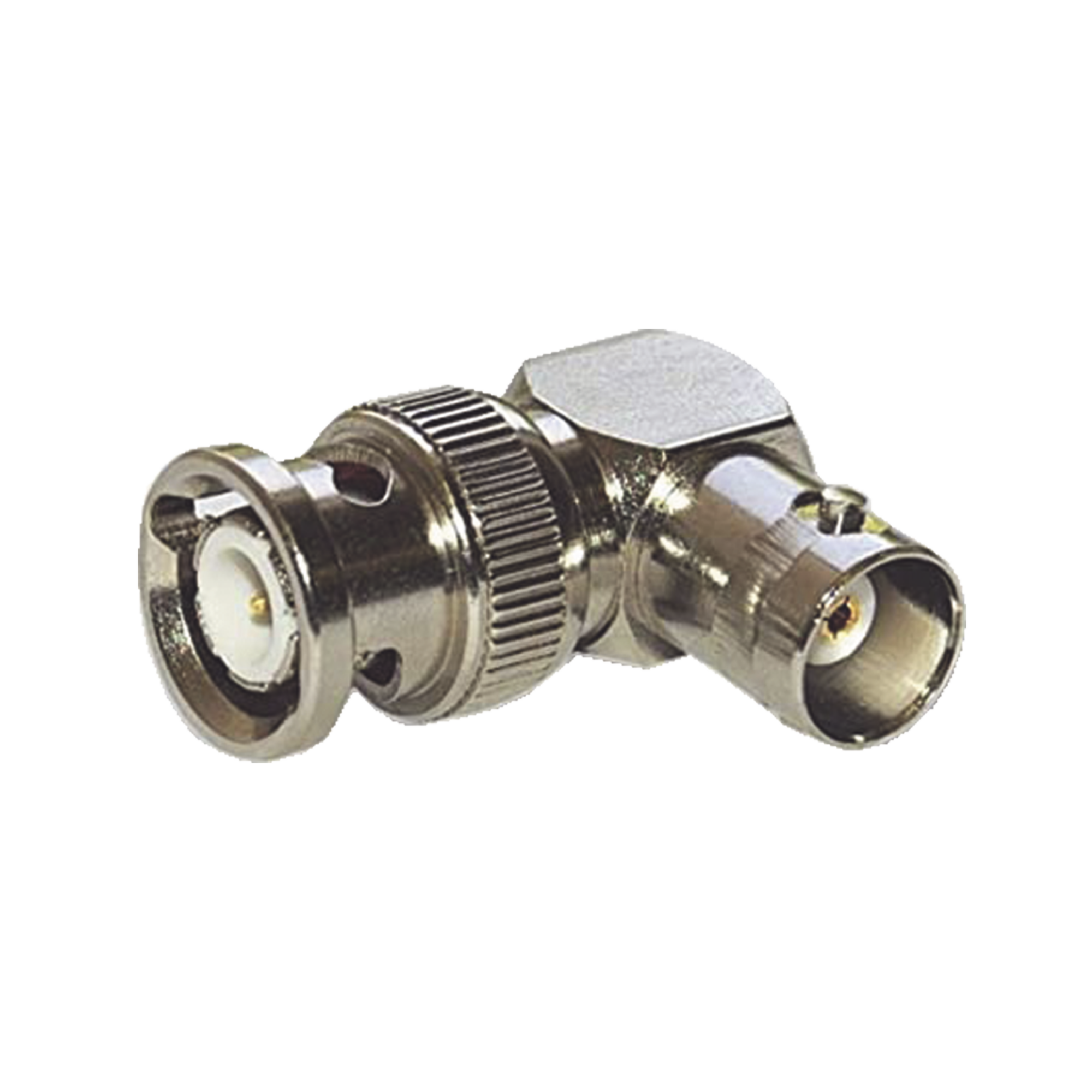 Adaptador en Ãngulo Recto para 75 Ohm, de Conector BNC Macho a BNC Hembra (Monitor), NÃ­quel/ Oro/ TeflÃ³n.