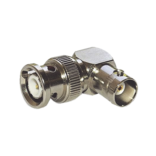 Adaptador en Ãngulo Recto para 75 Ohm, de Conector BNC Macho a BNC Hembra (Monitor), NÃ­quel/ Oro/ TeflÃ³n.