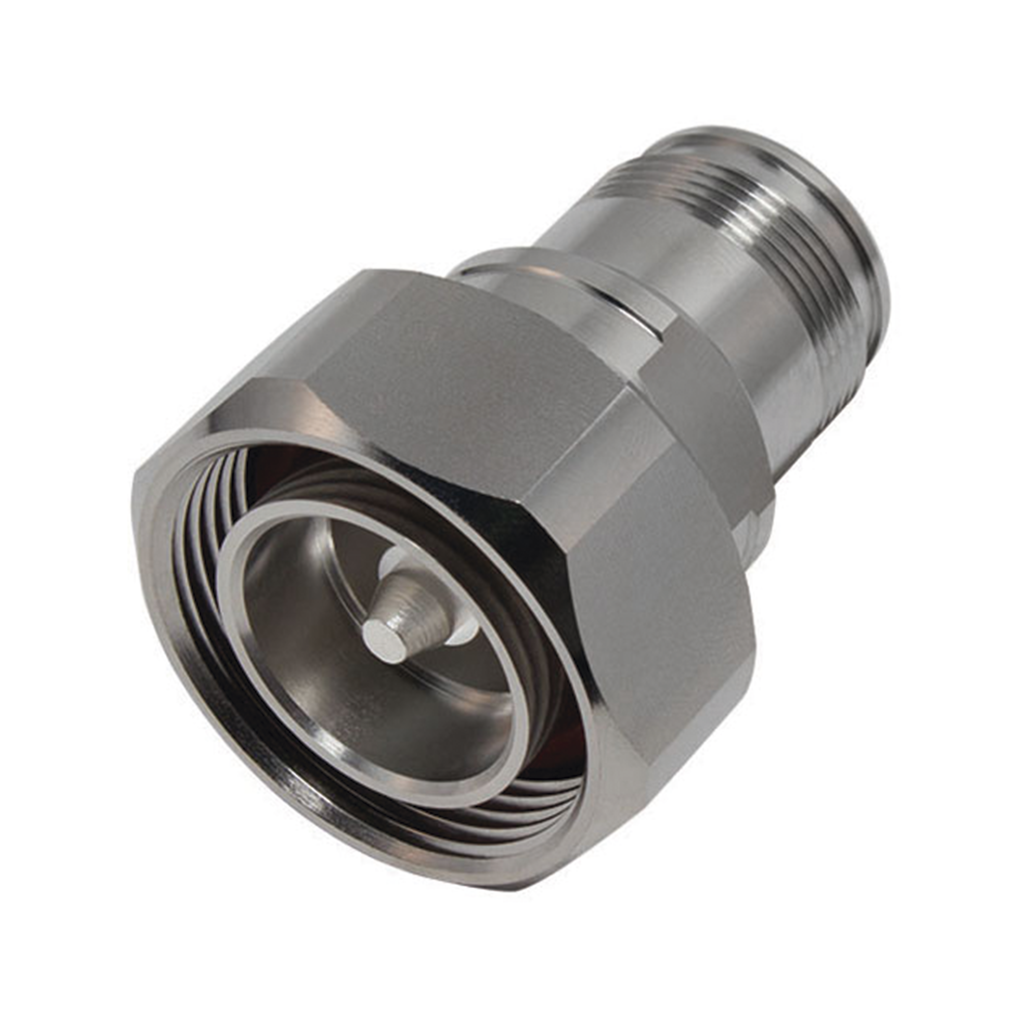 Adaptador en LÃ­nea de Conector DIN 7-16 Macho a 4.3-10 Hembra, Bronce Blanco/ Plata/ TeflÃ³n.