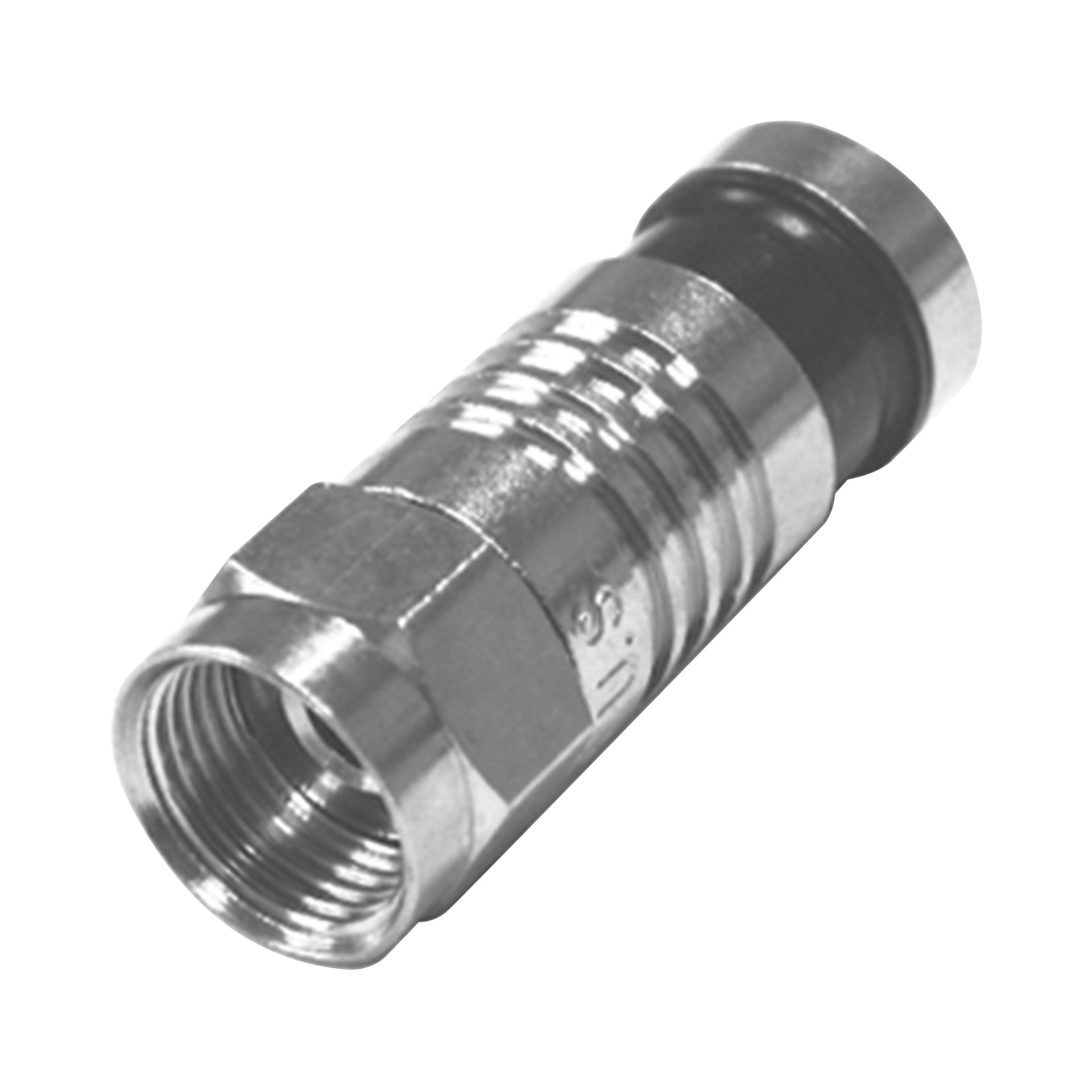 Conector F Macho Plegado Axial por CompresiÃ³n para RG-59/U, Cuerpo en NÃ­quel y Banda Negra.