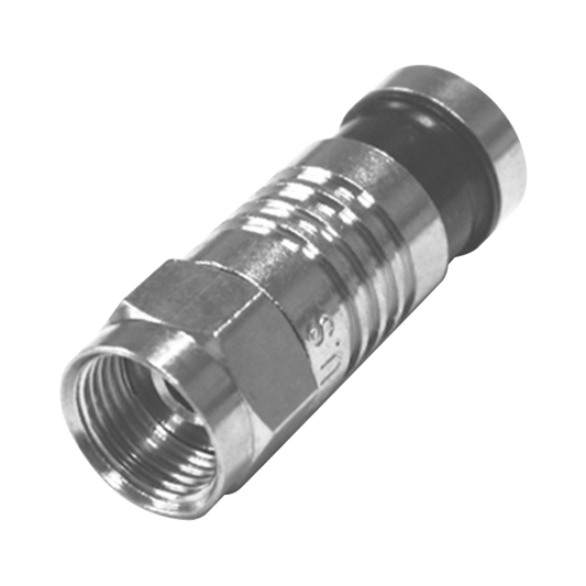Conector F Macho Plegado Axial por CompresiÃ³n para RG-59/U, Cuerpo en NÃ­quel y Banda Negra.