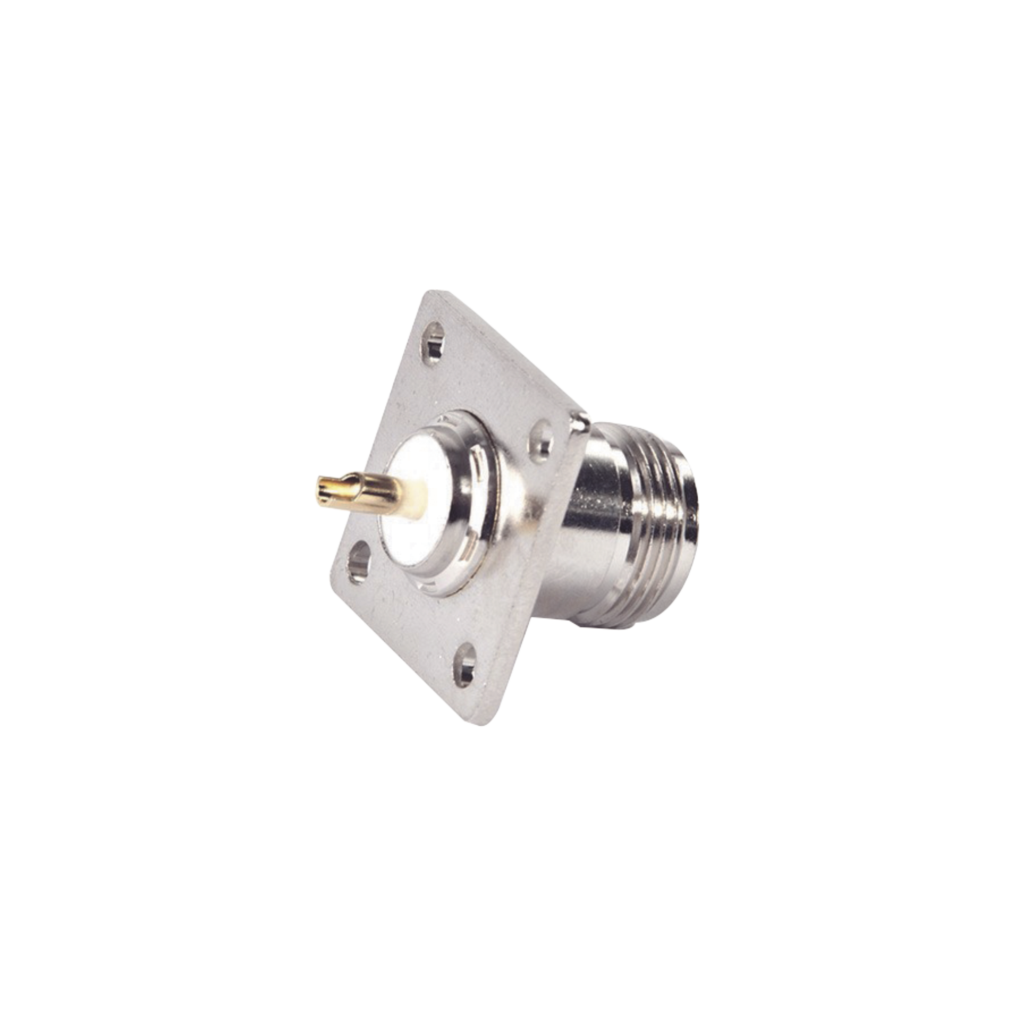 Conector N Hembra para Montaje en Panel, 4 perforaciones a 18 mm, PIN Largo, Plata/ Oro/ TeflÃ³n.