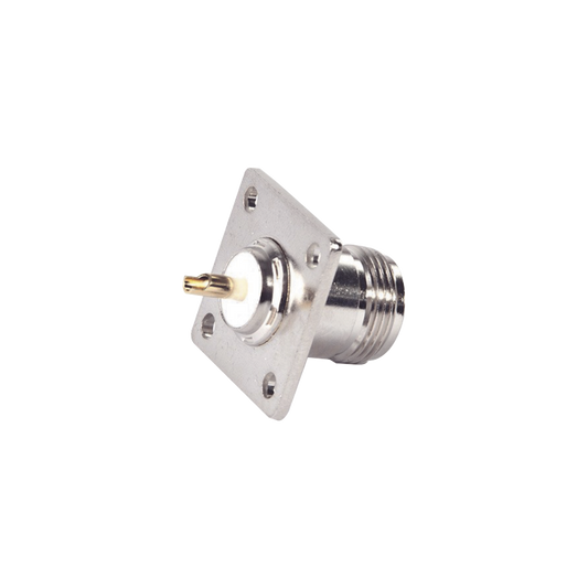 Conector N Hembra para Montaje en Panel, 4 perforaciones a 18 mm, PIN Largo, Plata/ Oro/ TeflÃ³n.