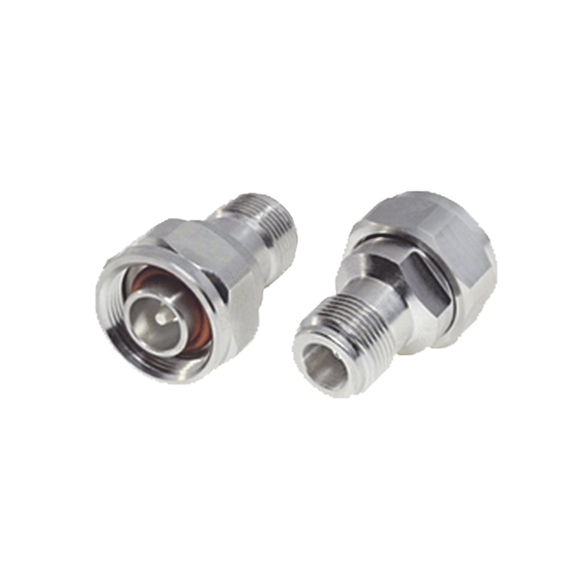 Adaptador en LÃ­nea, de N Hembra a (Mini) DIN 4.1-9.5 Macho, PIM -155 dBc, Bronce Blanco/ Plata/ TeflÃ³n.
