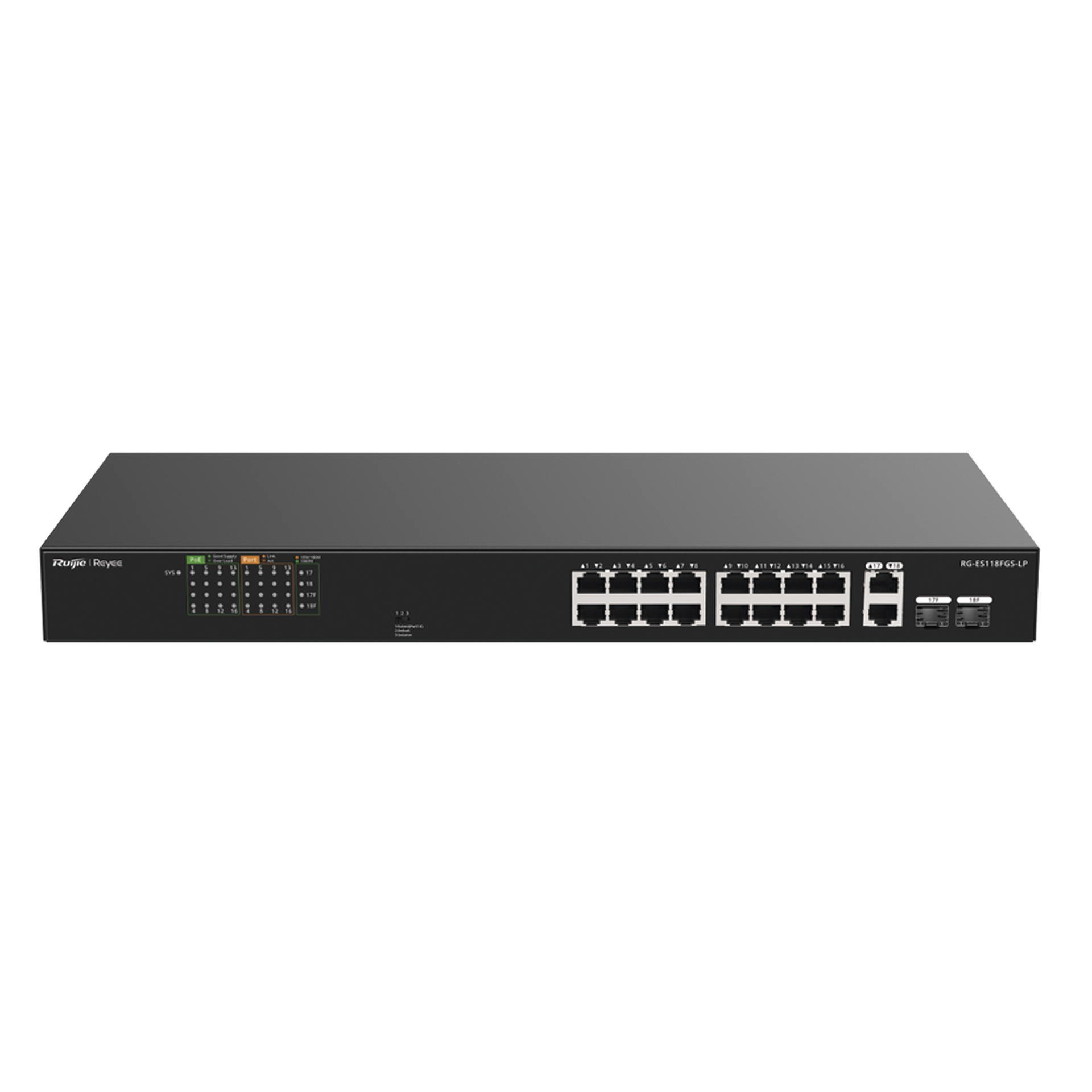 Switch PoE+ 120 Watts, No Administrable Ideal para CCTV, 16 Puertos 10/100, 2 Uplinks Gigabit y 2 SFP, Carcasa MetÃ¡lica