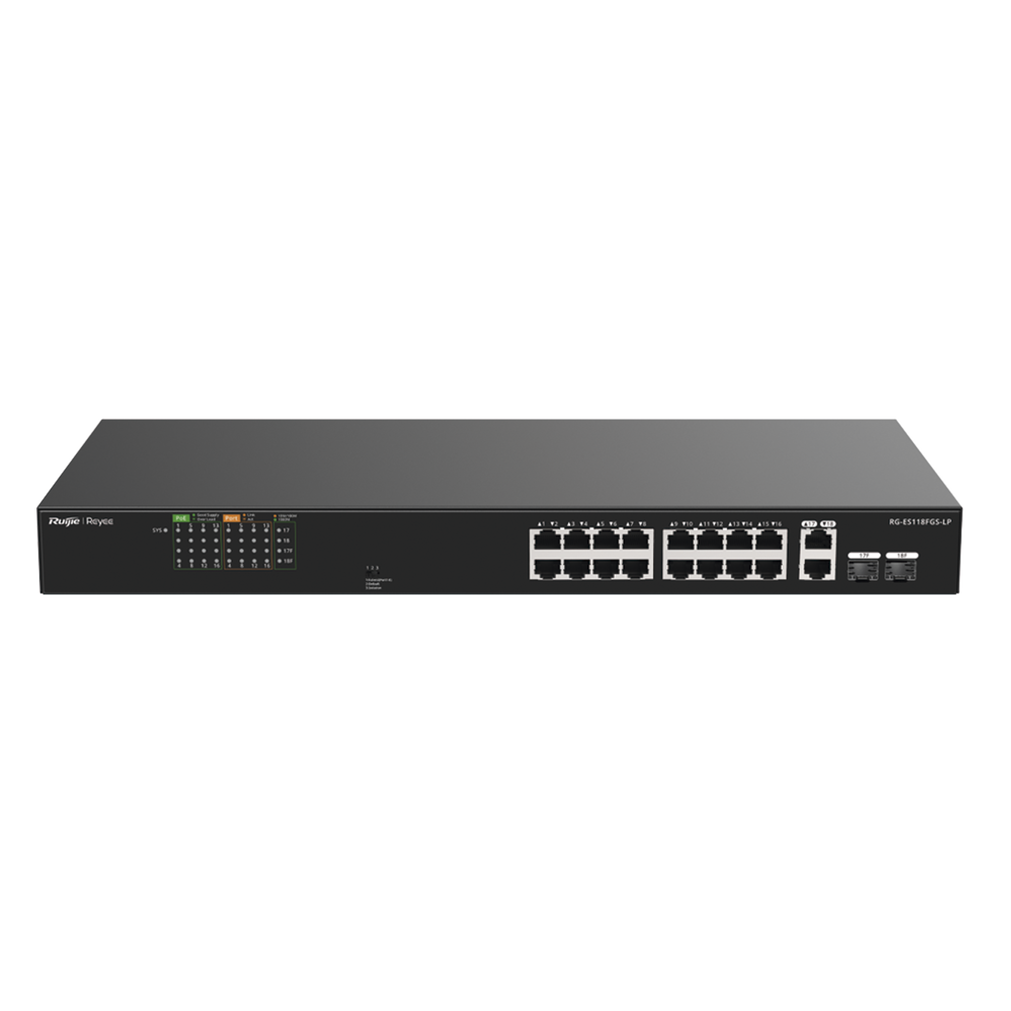 Switch PoE+ 120 Watts, No Administrable Ideal para CCTV, 16 Puertos 10/100, 2 Uplinks Gigabit y 2 SFP, Carcasa MetÃ¡lica