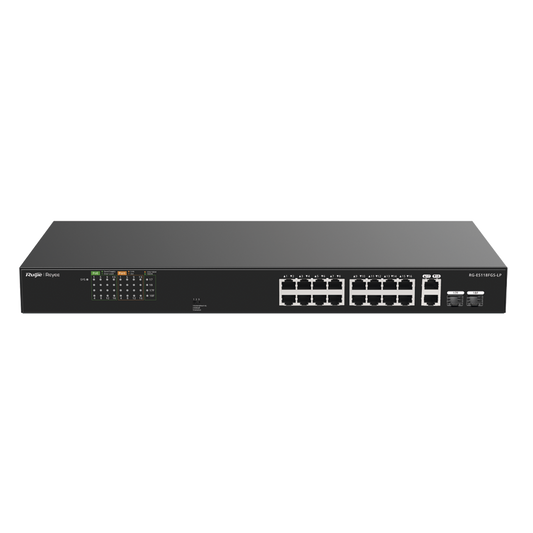 Switch PoE+ 120 Watts, No Administrable Ideal para CCTV, 16 Puertos 10/100, 2 Uplinks Gigabit y 2 SFP, Carcasa MetÃ¡lica