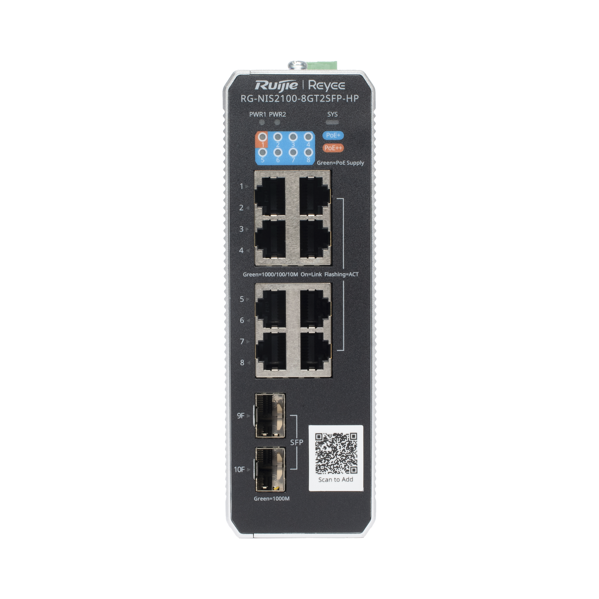 Switch Industrial PoE hasta , Ideal para temperaturas Extremas y protecciÃ³n contra descargas, 1 x PoE++ Port, 7 x PoE+ Ports, and 2 x SFP Uplink Ports