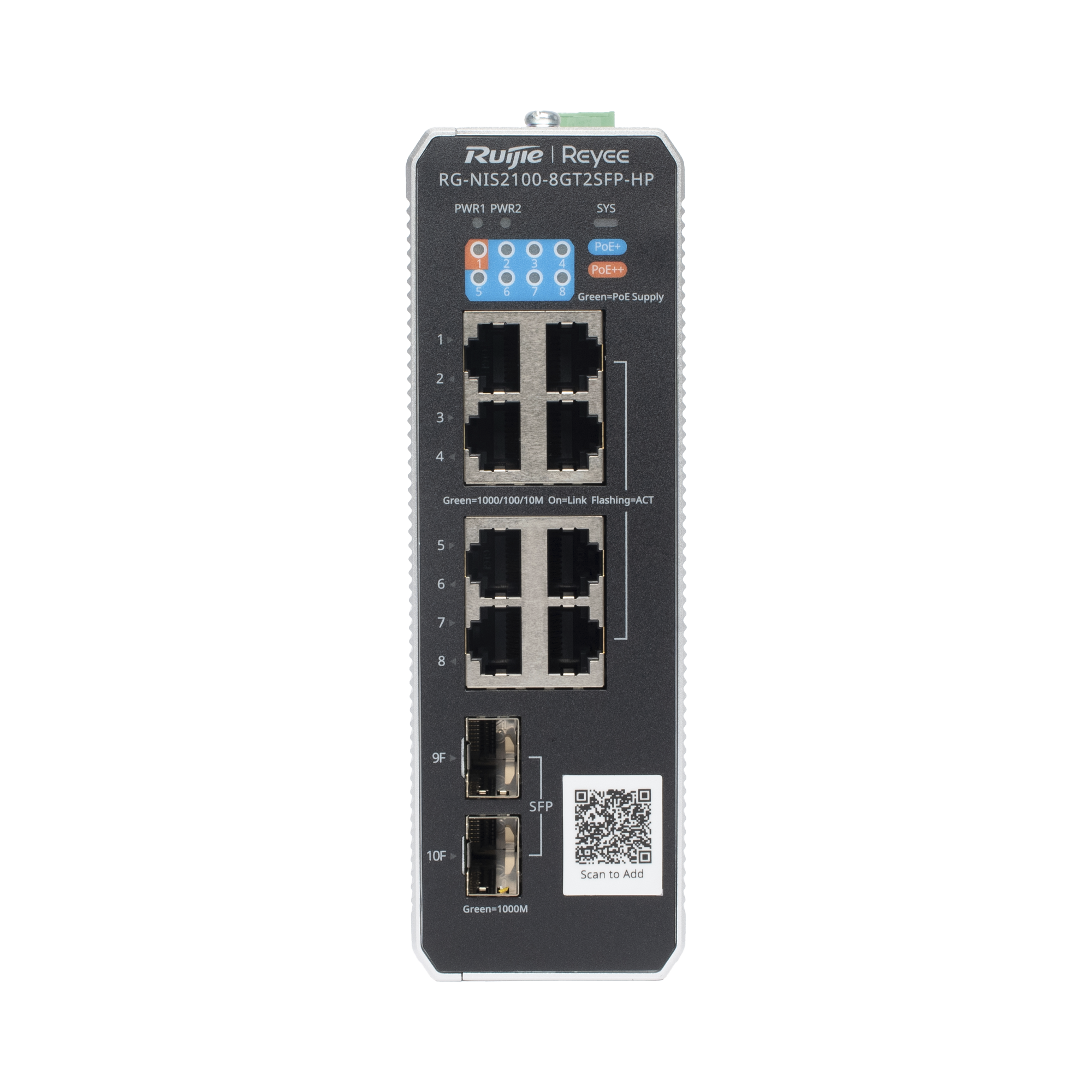 Switch Industrial PoE hasta , Ideal para temperaturas Extremas y protecciÃ³n contra descargas, 1 x PoE++ Port, 7 x PoE+ Ports, and 2 x SFP Uplink Ports