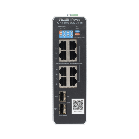 Switch Industrial PoE hasta , Ideal para temperaturas Extremas y protecciÃ³n contra descargas, 1 x PoE++ Port, 7 x PoE+ Ports, and 2 x SFP Uplink Ports