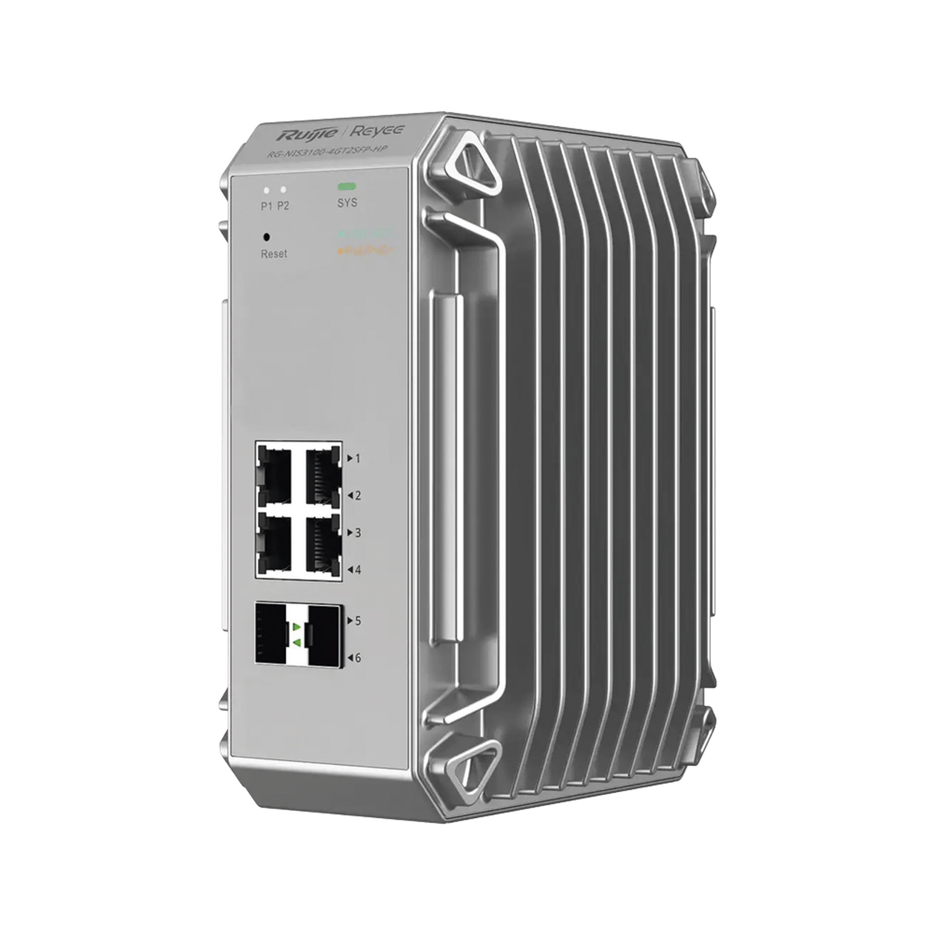 Switch Industrial PoE hasta , Ideal para temperaturas Extremas y protecciÃ³n contra descargas, 4 Puertos Gigabit PoE 802.3 af/at, 2 puertos SFP Administrable Cloud