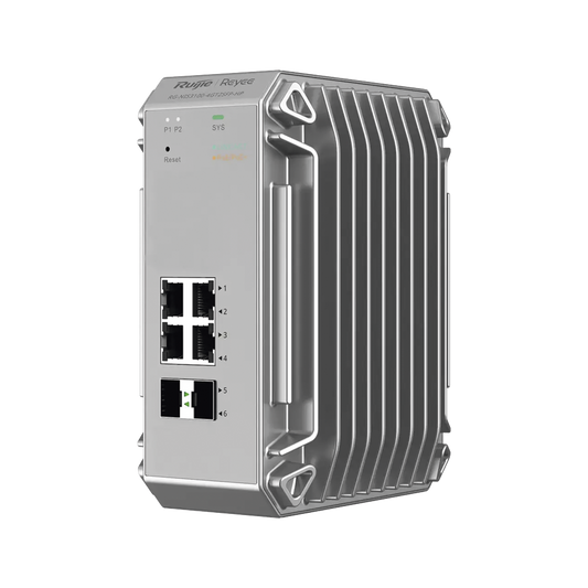 Switch Industrial PoE hasta , Ideal para temperaturas Extremas y protecciÃ³n contra descargas, 4 Puertos Gigabit PoE 802.3 af/at, 2 puertos SFP Administrable Cloud