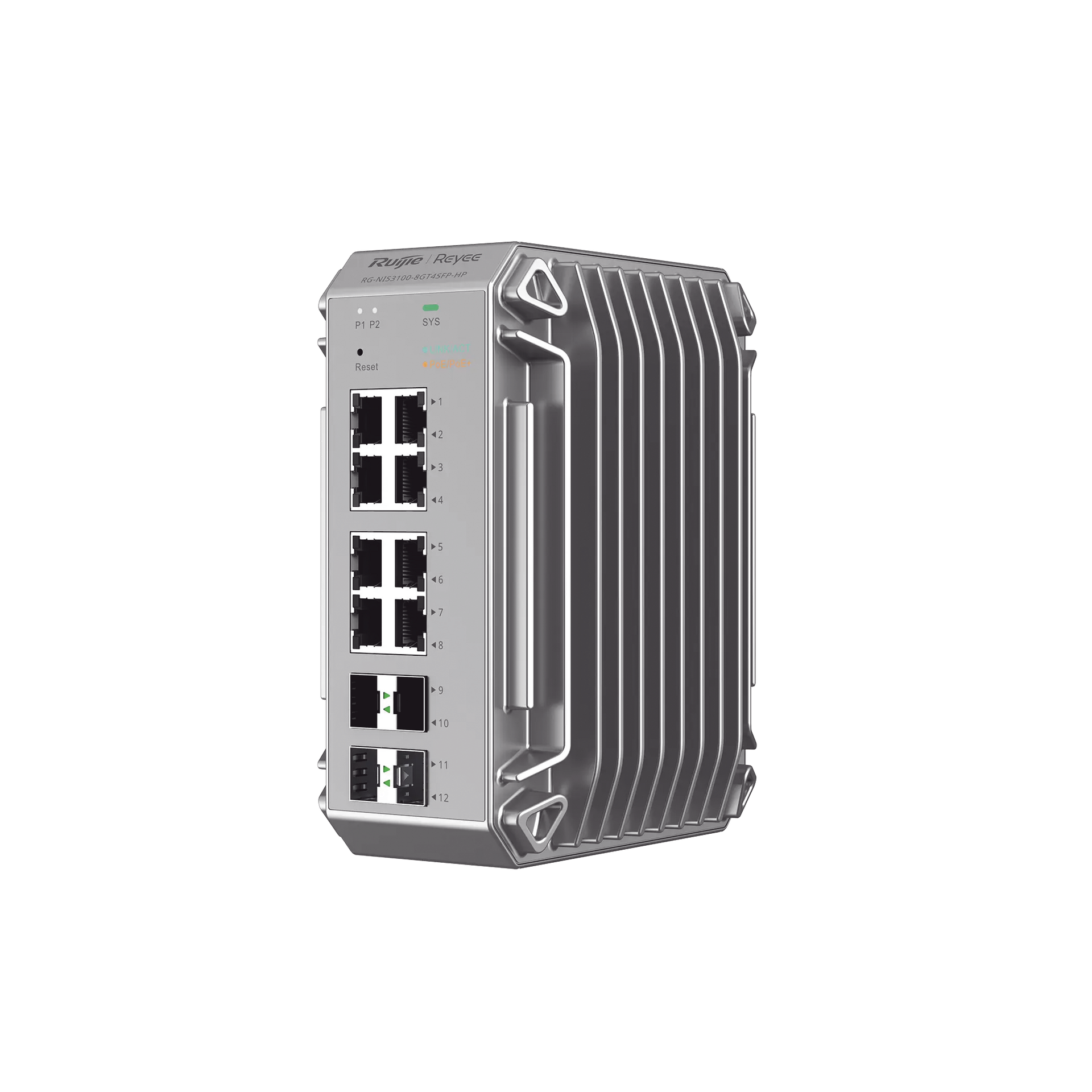 Switch Industrial PoE, Ideal para temperaturas Extremas y protecciÃ³n contra descargas, 8 Puertos Gigabit PoE 802.3 af/at, 4 Puertos SFP Administrable Cloud