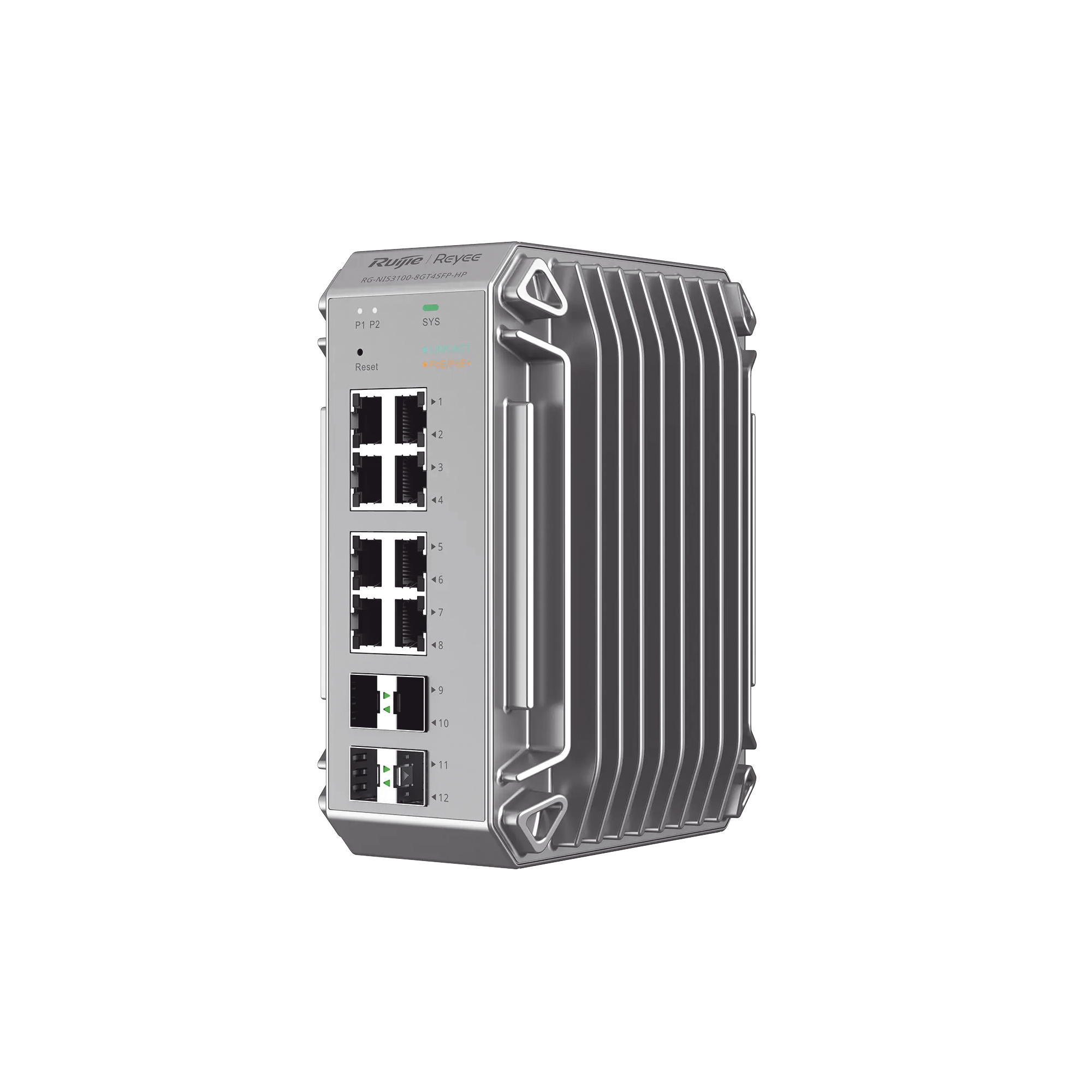 Switch Industrial PoE, Ideal para temperaturas Extremas y protecciÃ³n contra descargas, 8 Puertos Gigabit PoE 802.3 af/at, 4 Puertos SFP Administrable Cloud