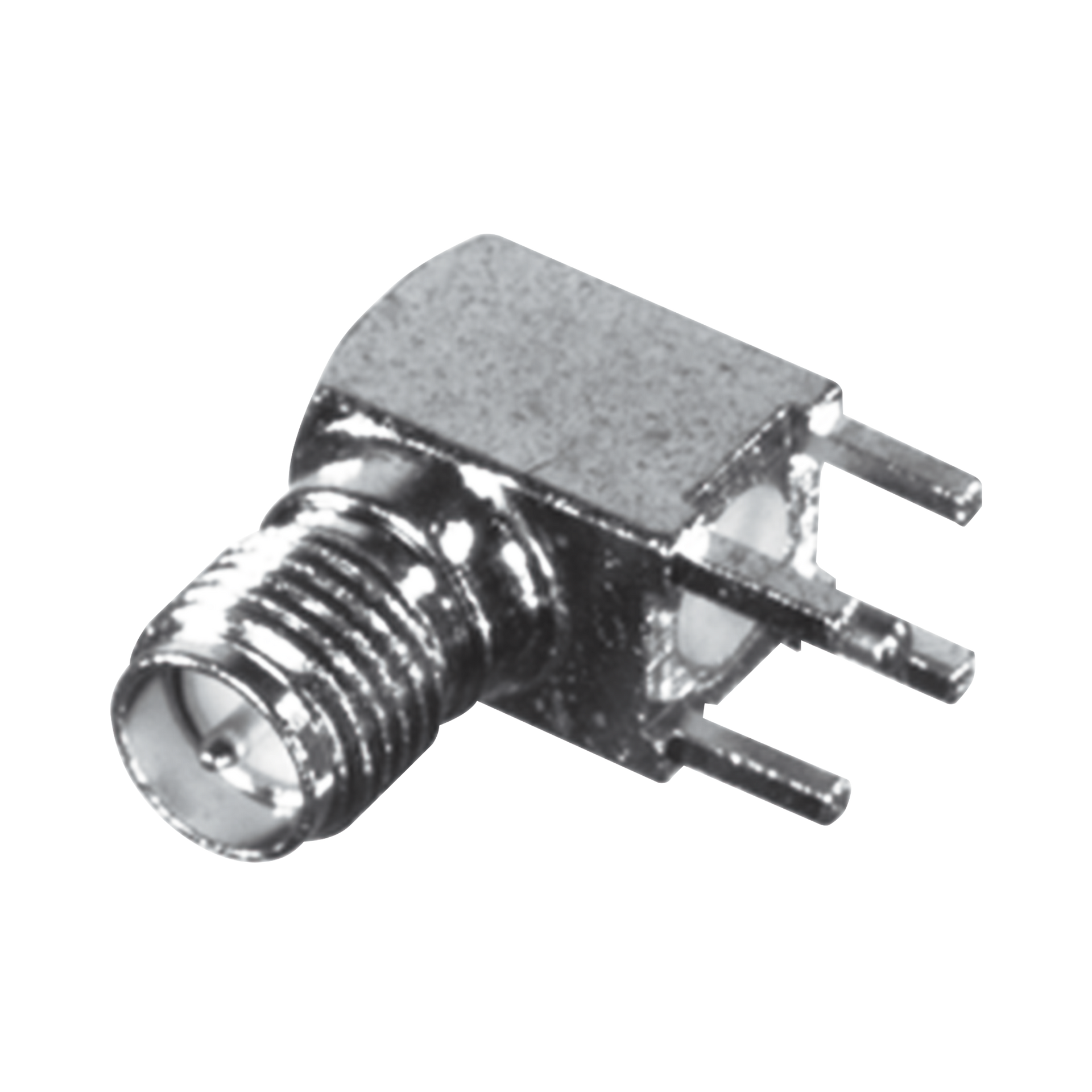 Conector SMA Hembra Inverso en Ãngulo Recto con PIN Terminal y 4 Patas para Montaje PCB Coaxial, Oro/ Oro/ TeflÃ³n.