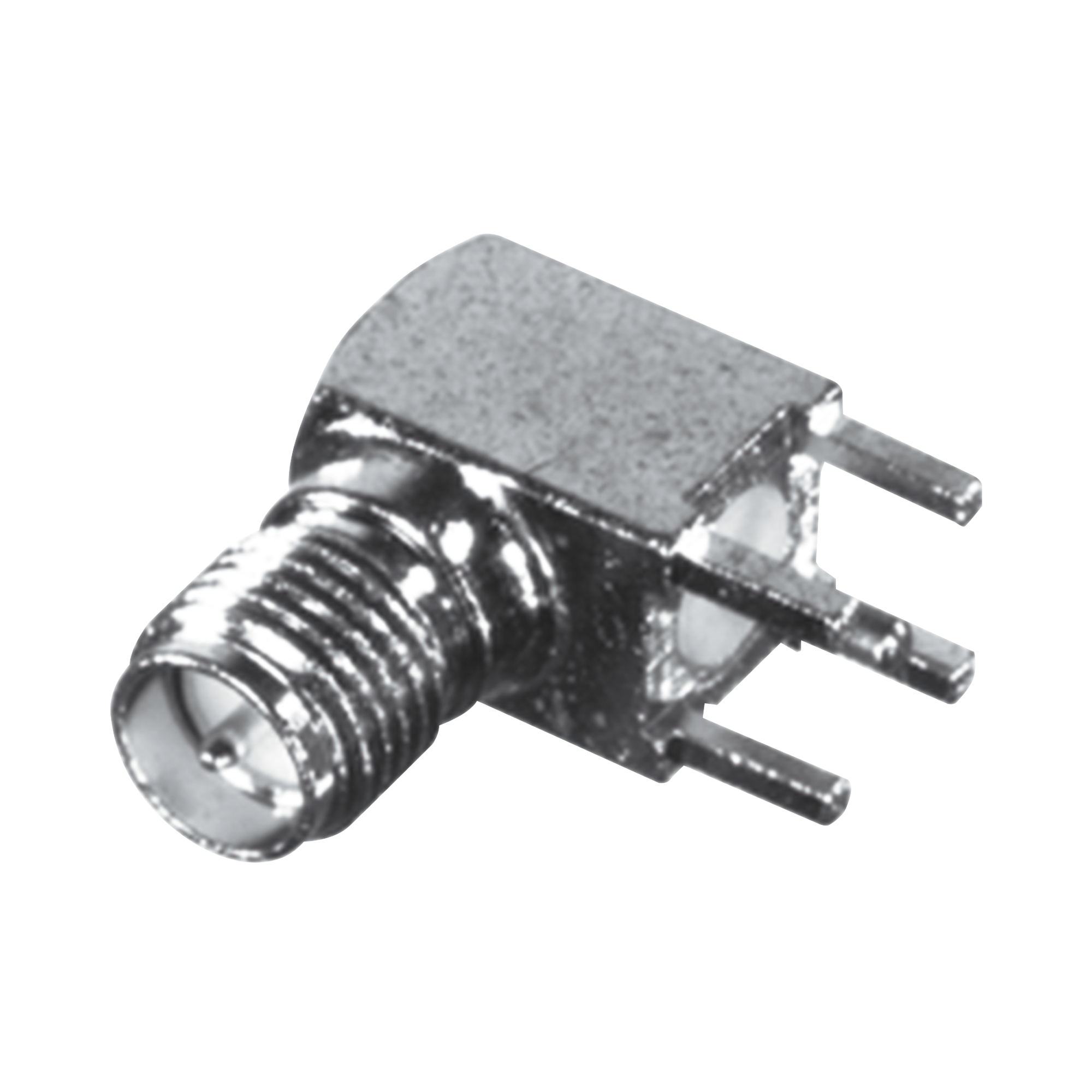 Conector SMA Hembra Inverso en Ãngulo Recto con PIN Terminal y 4 Patas para Montaje PCB Coaxial, Oro/ Oro/ TeflÃ³n.