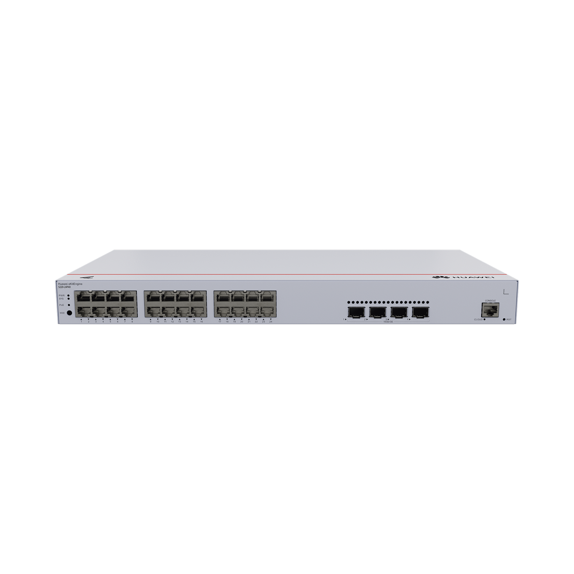 Switch de Acceso eKit Administrable / Capa 2 / 24 Puertos PoE+ Gigabit + 4 Puertos SFP+/SFP + Puerto de Consola  / Poe Perpetuo / Presupuesto PoE 400 W / Sin Licenciamiento