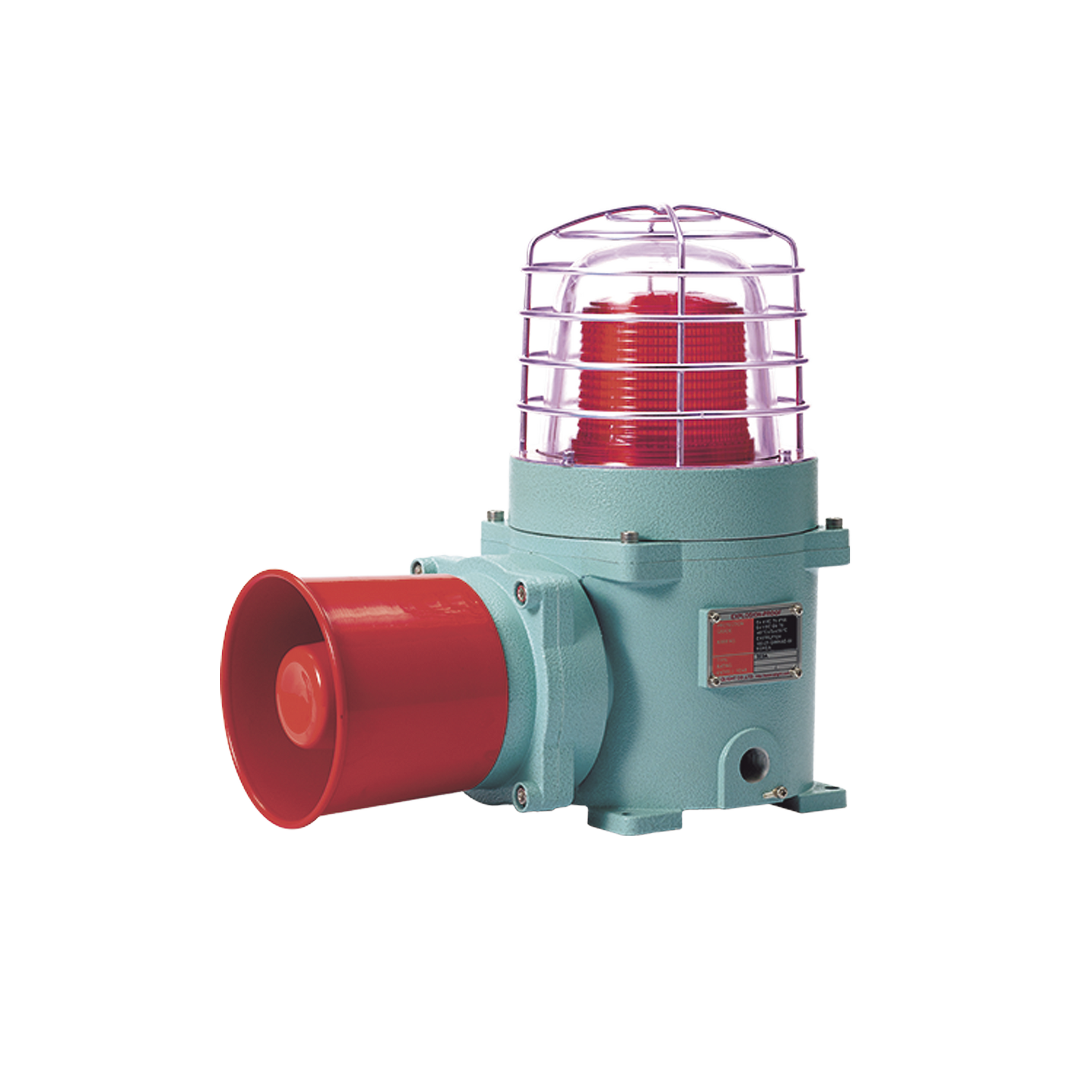 CombinaciÃ³n de baliza LED color Rojo con patrÃ³n fijo y flasheante con sirena electrÃ³nica, mÃ¡x. 118 dB para zonas peligrosas a 120 VCA