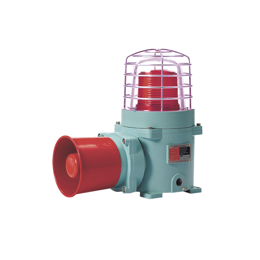 CombinaciÃ³n de baliza LED color Rojo con patrÃ³n fijo y flasheante con sirena electrÃ³nica, mÃ¡x. 118 dB para zonas peligrosas a 120 VCA