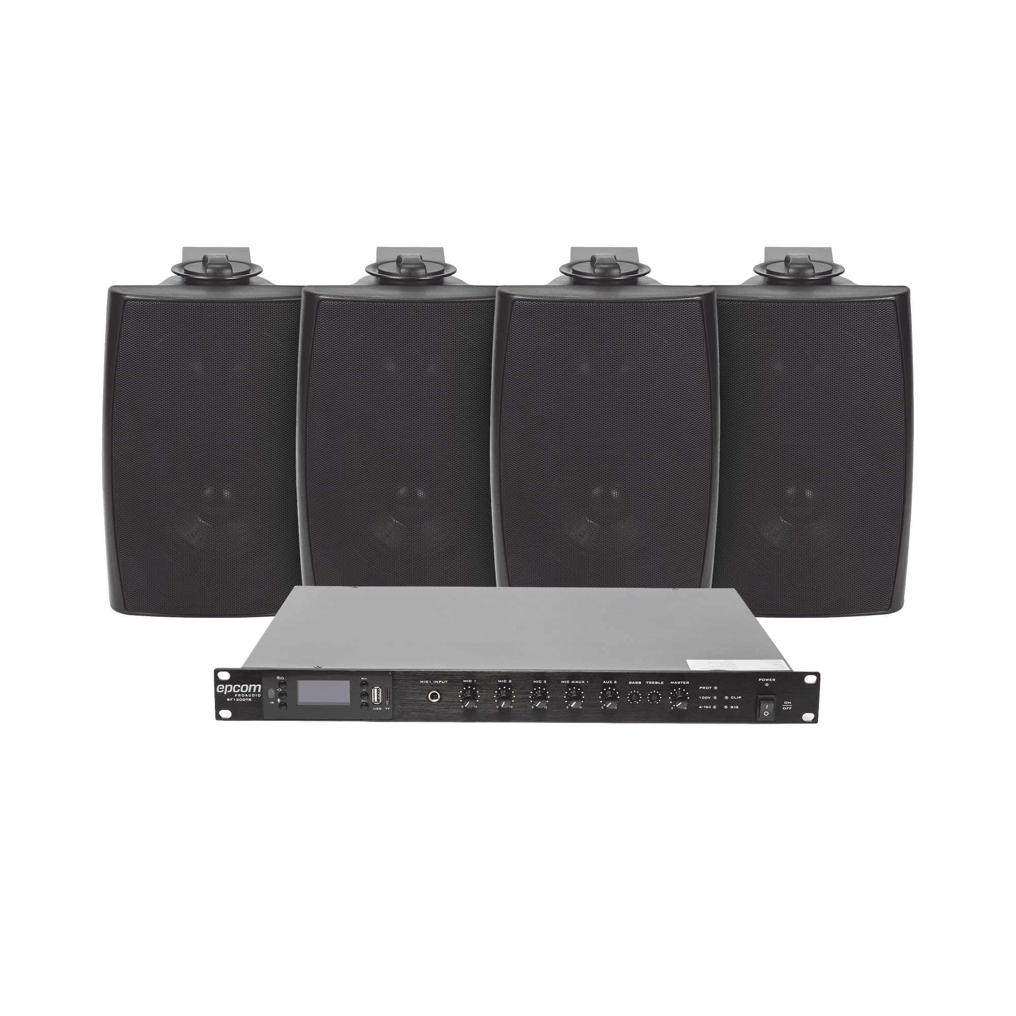 KIT de Amplificador de Audio 120W para Rack | 4 Altavoces de Pared color Negro 2.5W - 20W | Sistema 70/100V