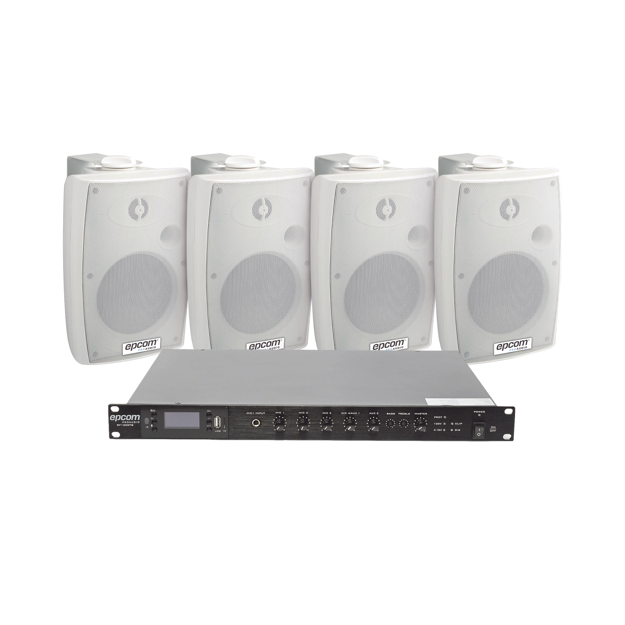 KIT de Amplificador de Audio 120W para Rack | 4 Altavoces de Pared color Blanco 2.5W - 20W | Sistema 70/100V