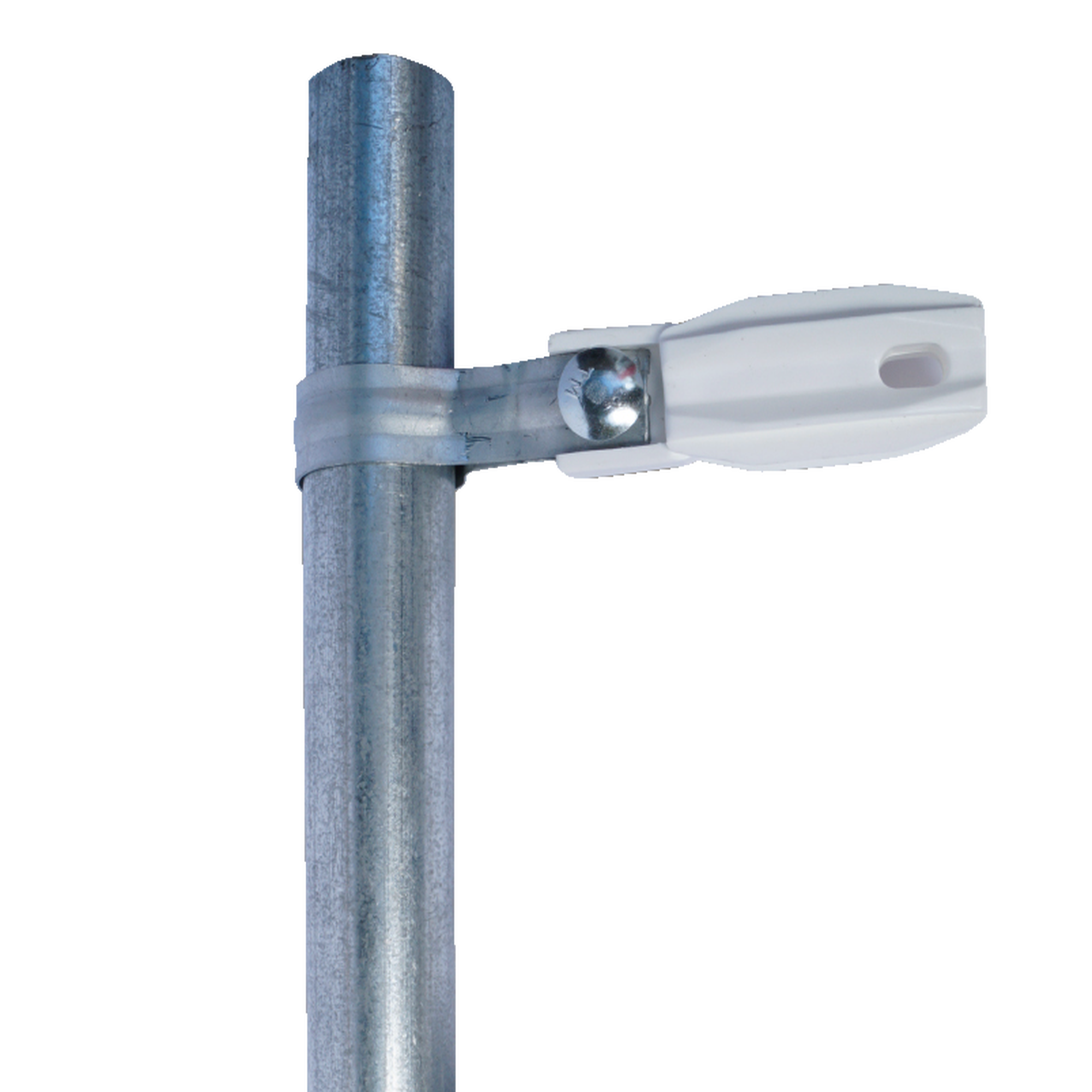 Aislador de paso o esquina de color Blanco con abrazadera incluida de 33-38mm para uso en tuberÃ­a de malla ciclÃ³nica.