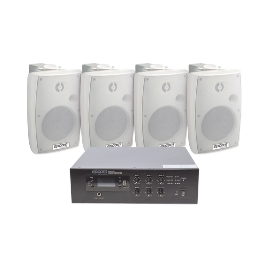 KIT de Amplificador de 120W para Escritorio | 4 Altavoces de Pared color Blanco 2.5W - 20W | Sistema 70/100V
