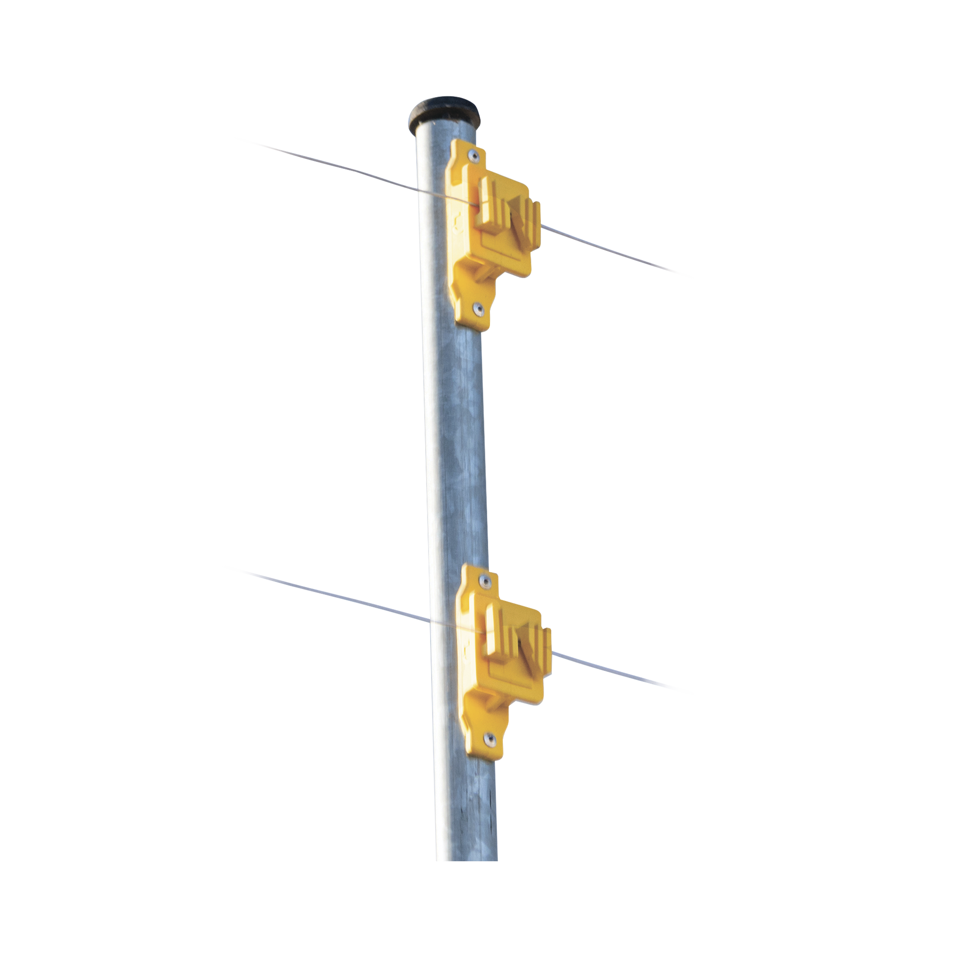 Aislador de Paso color Amarillo reforzado para cercos elÃ©ctricos, resistente al clima extremoso